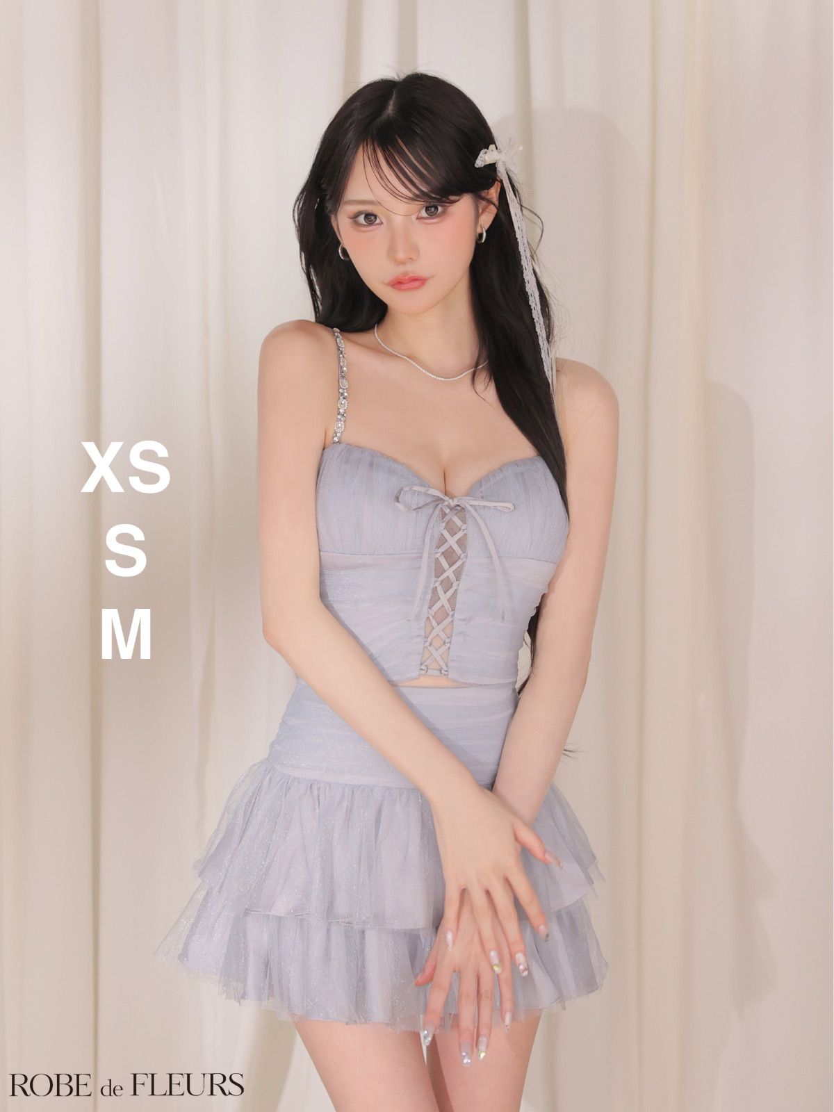 ブルー [FM4375-P-2606]【ROBE de FLEURS/ローブドフルール】レースアップ/ ラメ/ チュール/ 2段フリル/ ティアード/ セットアップ/ キャミソール/ フレア/ ミニドレス/ キャバドレス