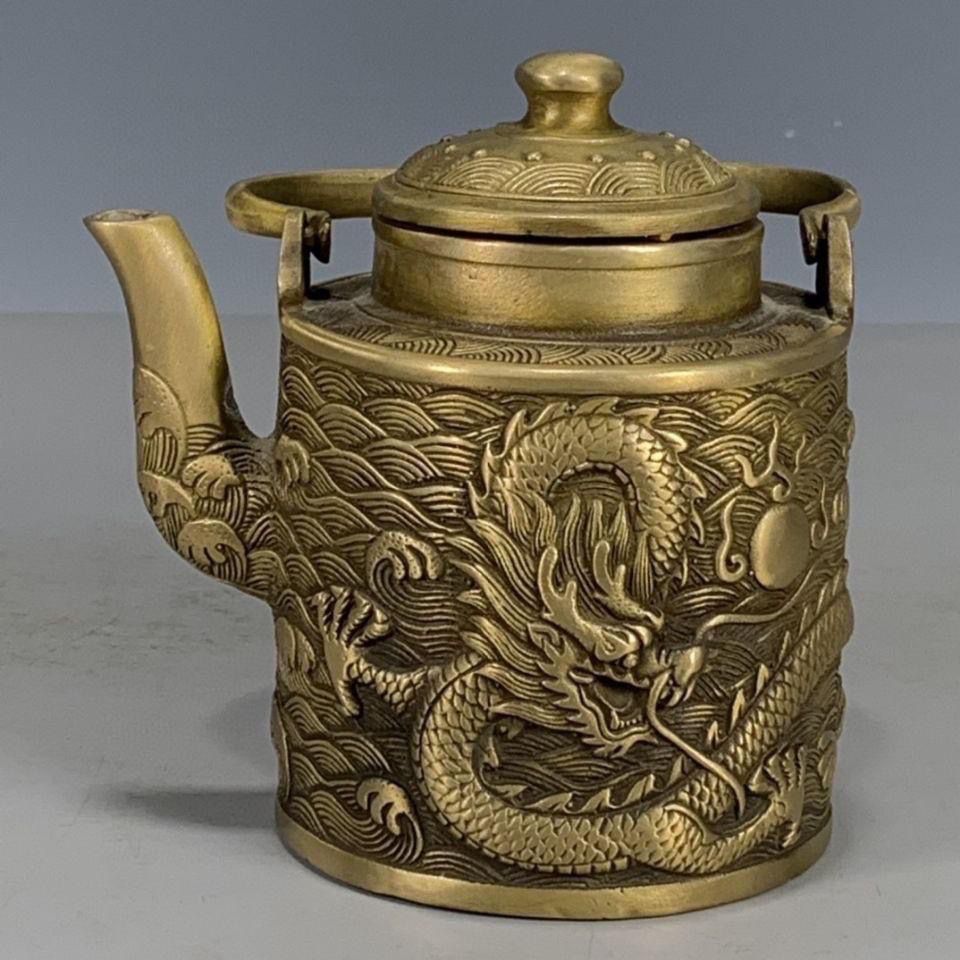 龍文様 銅製 急須型 茶道具 装飾品 工芸品 置物