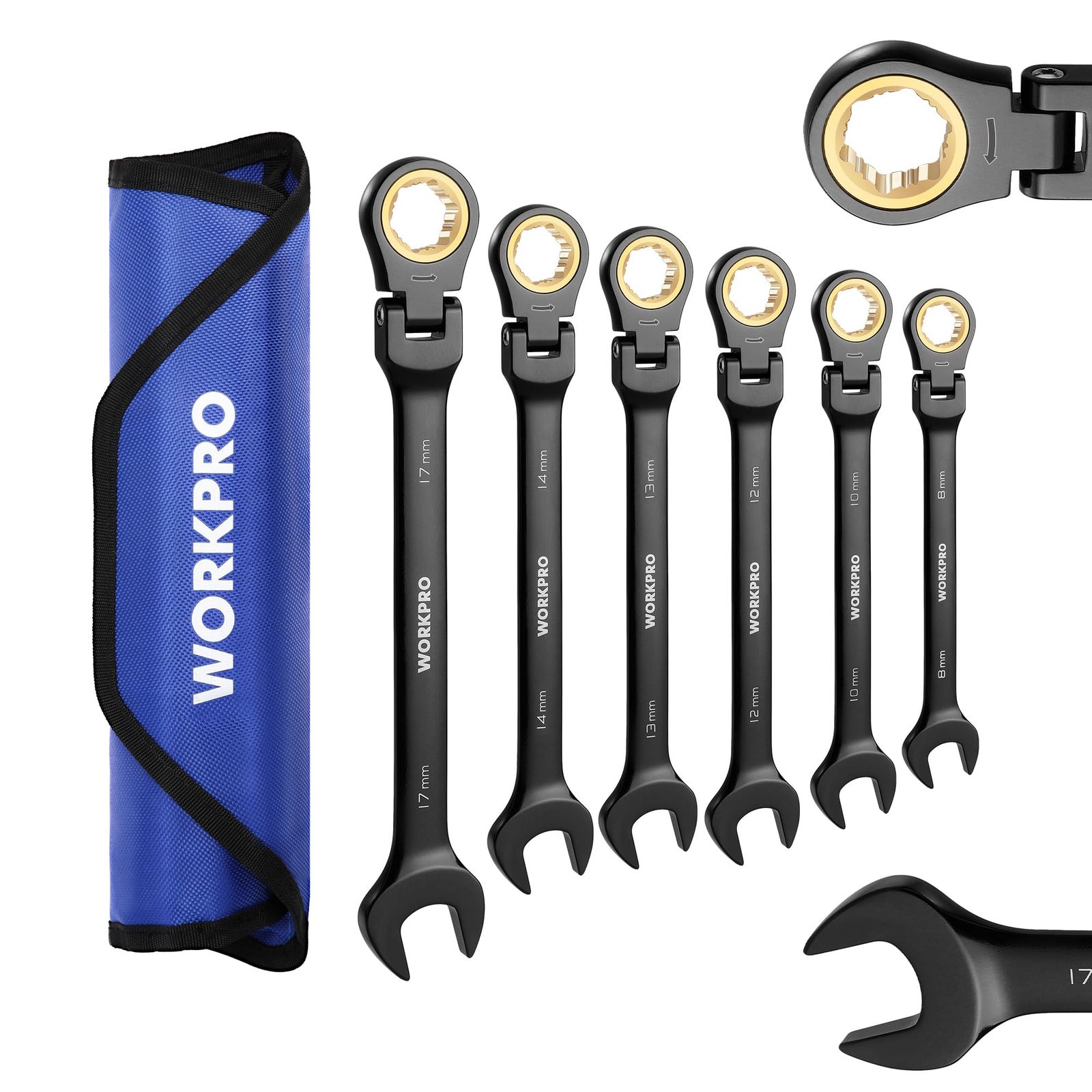 【新品】WORKPRO コンビネーションレンチ フレックスラチェットレンチ 6本組（8、10、12、13、14、17mm） 首振りラチェット スパナ なめたボルト・ナット対応可能 72ギア 両用ヘッド CR-V製 組み立て 自動車修理 メンテナンス用 収納袋付