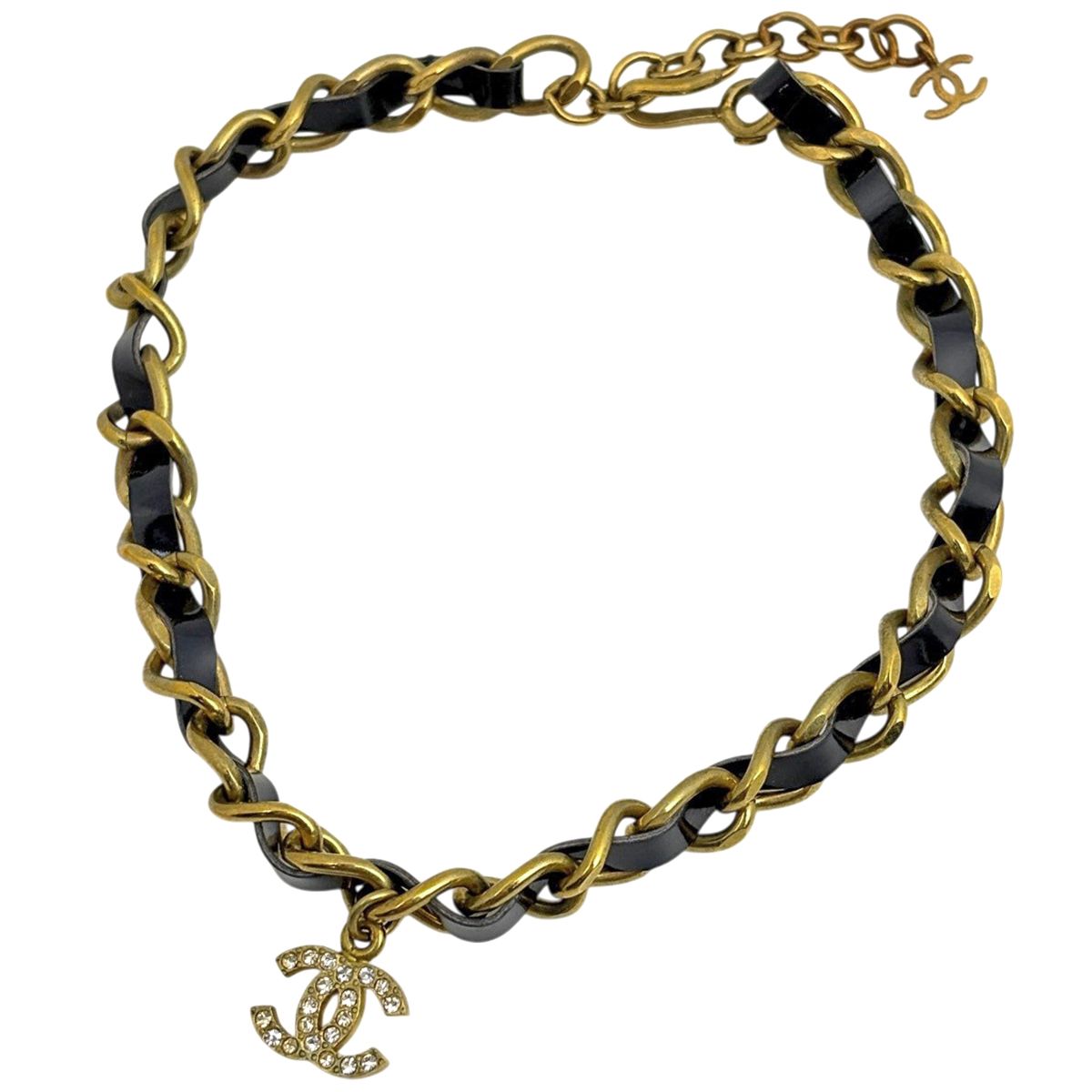 シャネル CHANEL ココマーク チェーン ネックレス GP レザー ラインストーン ゴールド ブラック レディース 【中古】