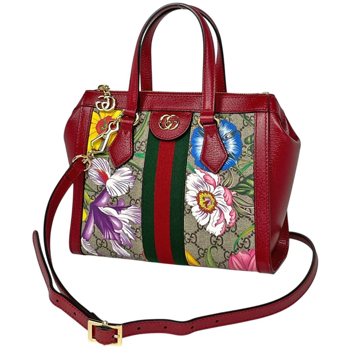 グッチ GUCCI オフィディア GG フローラ スモール トートバッグ 2WAY GGスプリーム コーティングキャンバス ベージュ レッド 547551 レディース 【中古】