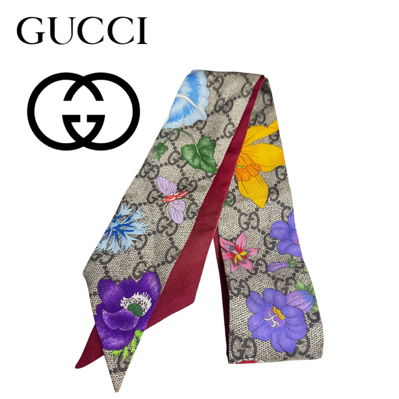 GUCCI　グッチ　現行品　GGフローラ プリント シルク リボン　ネックボウ　GGフローラ プリント シルク リボン　609317 3G001 9772　ライトピンク（GGフローラ プリント入り）シルク100％　スカーフ　タイ　蜂　ミツバチ　花　フラワー
