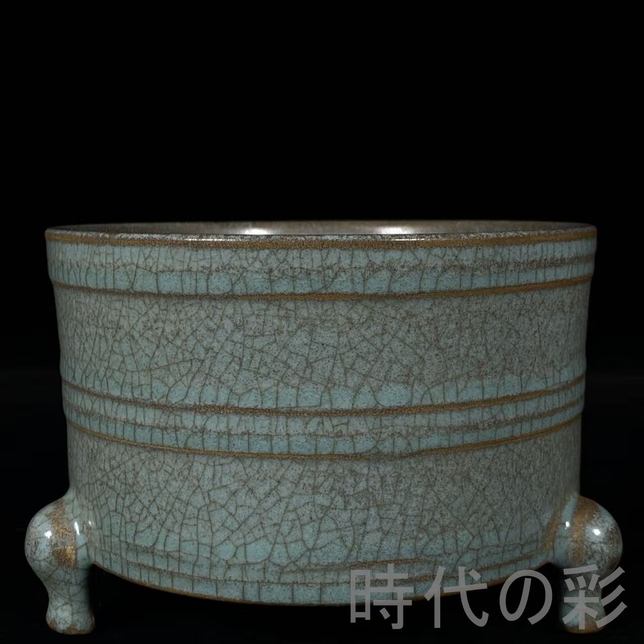 【宋汝窯風 三足奩】中国古美術 甲字款 弦紋 香合 茶道具 小箱 青磁 古陶磁 唐物 骨董品 旧家蔵出 R26041903
