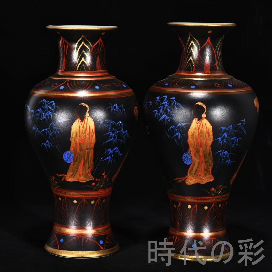 【乾隆年製款】中国古美術 宋汝窯風 ?金仕女図 観音瓶 花瓶 古陶磁 唐物 骨董品 陶磁器 旧家蔵出 収蔵品 R08042202