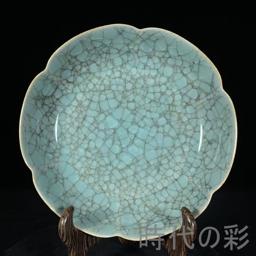 【冰裂紋筆洗】中国古美術 宋汝窯風 葵口洗 水洗 文房具 古陶磁 唐物 骨董品 陶磁器 旧家蔵出 R08042210
