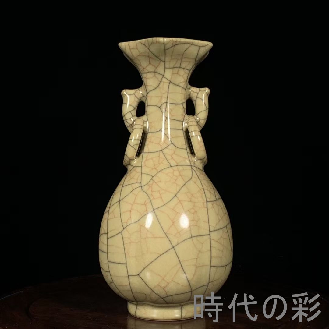 【宋哥窯風 花口双耳瓶】中国古美術 花瓶 壺 青磁 冰裂紋 古陶磁 唐物 骨董品 収蔵品 R08060517
