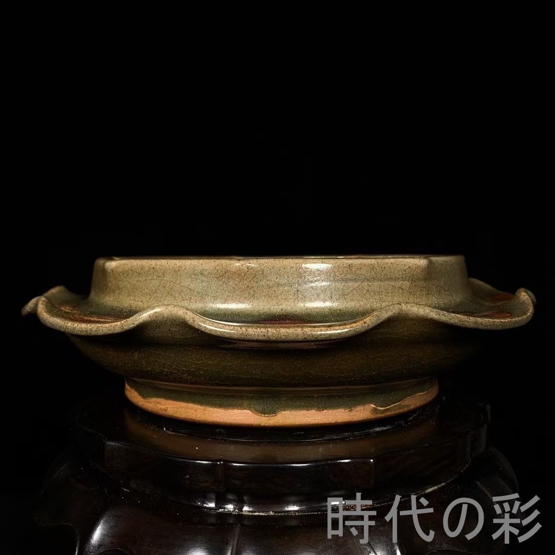 【宋鈞窯風 花口筆洗】中国古美術 青釉 水洗 筆洗 文房具 青磁 古陶磁 唐物 骨董品 旧家蔵出 R08060518