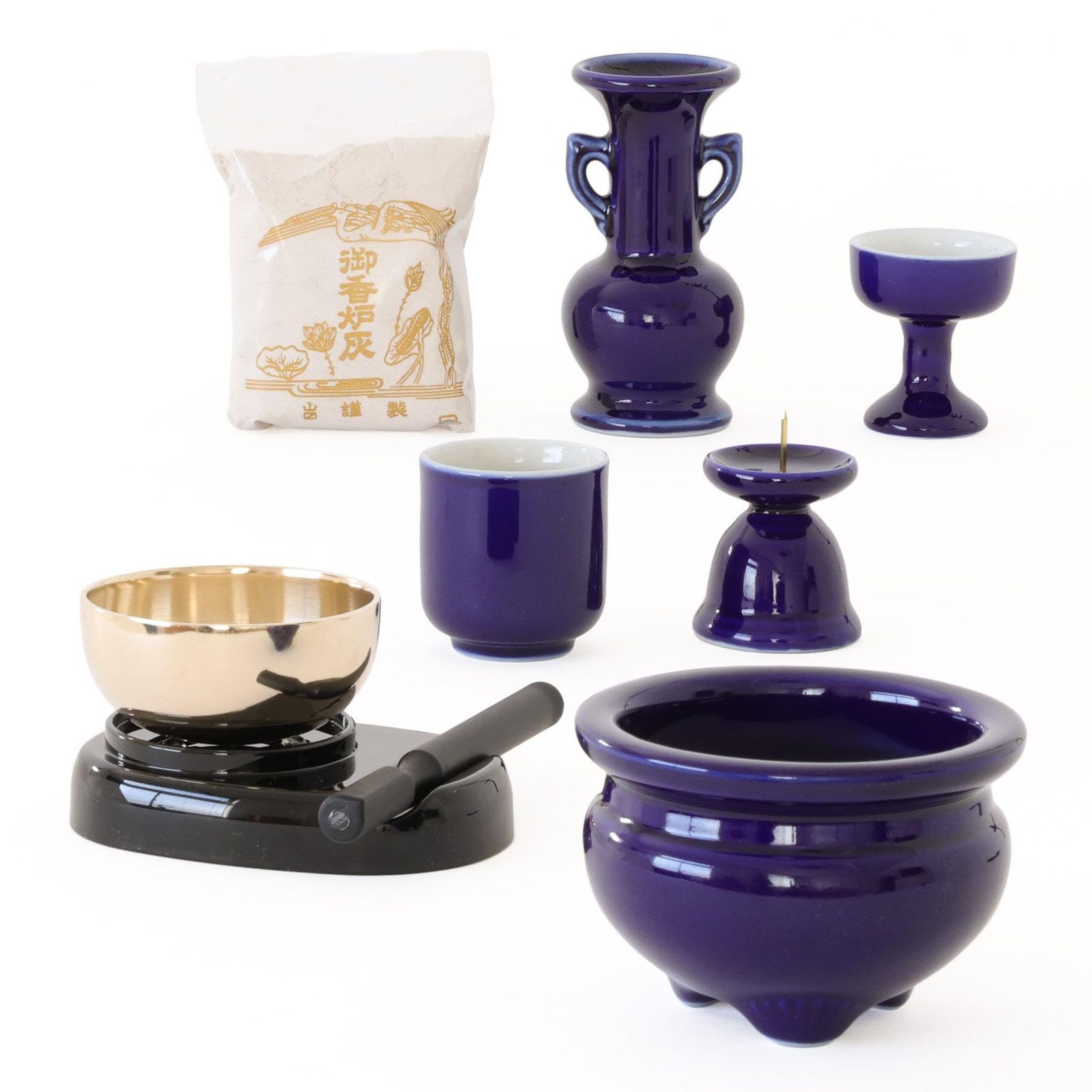 やまこう 仏具 セット ミニ おりん 3点+陶器5点(瑠璃 ルリ)+香炉灰+ももたろうマッチ付 おしゃれ モダン 国産 日本製 仏壇セット モダン仏具 モダン仏壇 お盆 お彼岸 お墓参り お供え 供養 法事 法要*vj 313eefc6