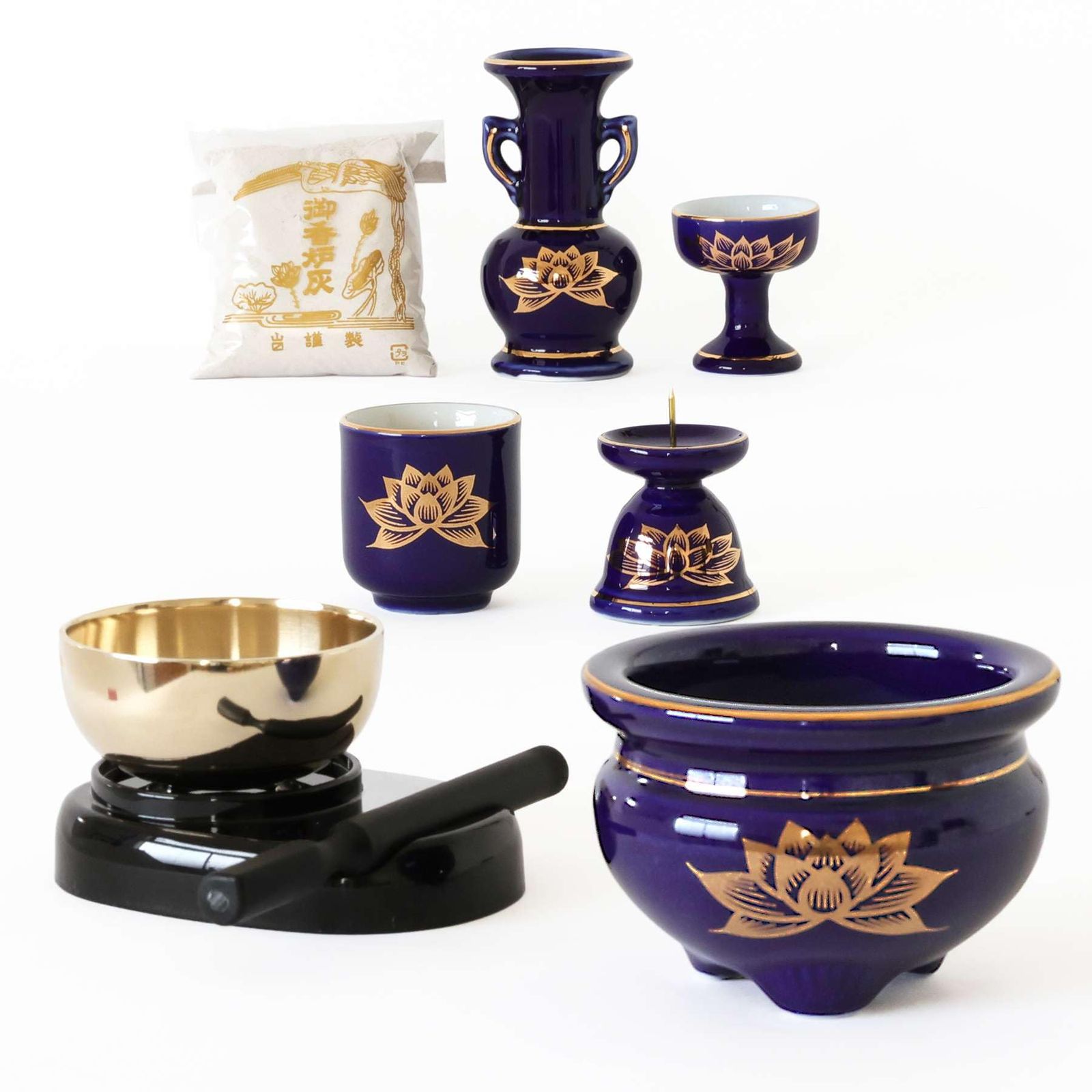 やまこう 仏具 セット ミニ おりん 3点＋陶器5点(瑠璃 金蓮 ルリ キンハス)＋香炉灰＋ももたろうマッチ付 仏具セット おしゃれ モダン 国産 日本製 仏壇セット モダン仏具 モダン仏壇 お盆 お彼岸 お墓参り お供え 供養 法事 法要* f70719e4