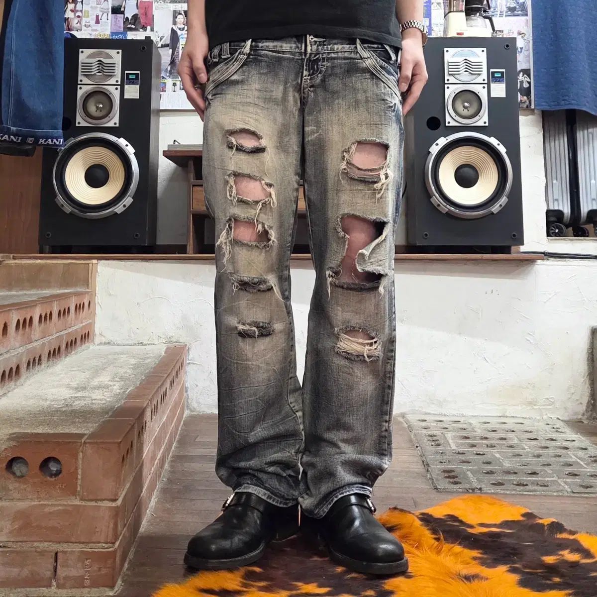 パンク ダメージ ウォッシュ レイヤード デニム パンツ