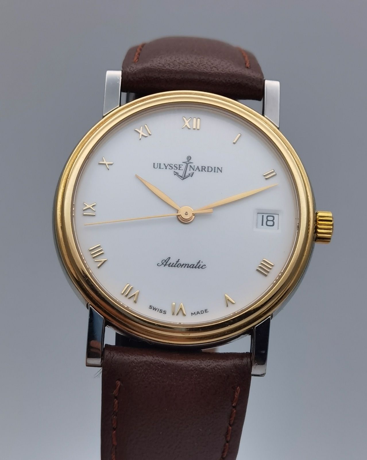 中古 ユリスナルダン Ulysse Nardin サンシアー 135-22 デイト SS YG ホワイト文字盤 自動巻き メンズ 腕時計