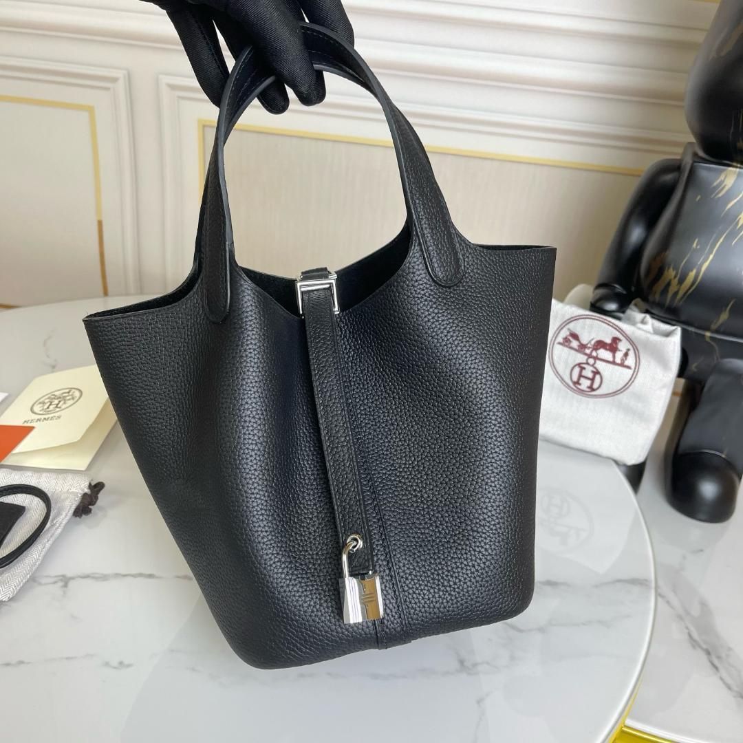 ブラック　レディース　ハンドバッグ　ピコタン18cm　シルバー金具-WT0輸入