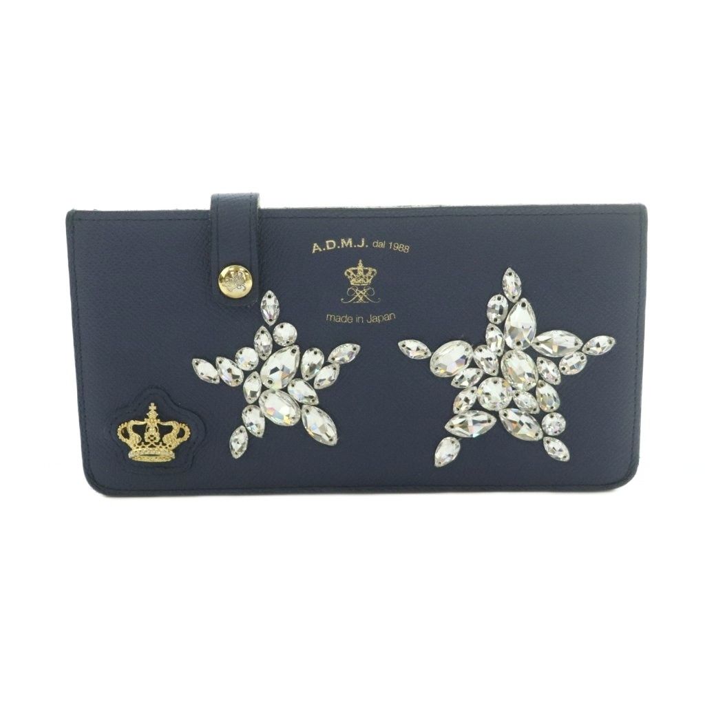 ADMJ アクセソワ Accessoires De Mademoiselle ビジュー スリムウォレット 長財布 小銭入れ レザー 紺 ネイビー シルバーカラー ゴールドカラー /MI ■OS