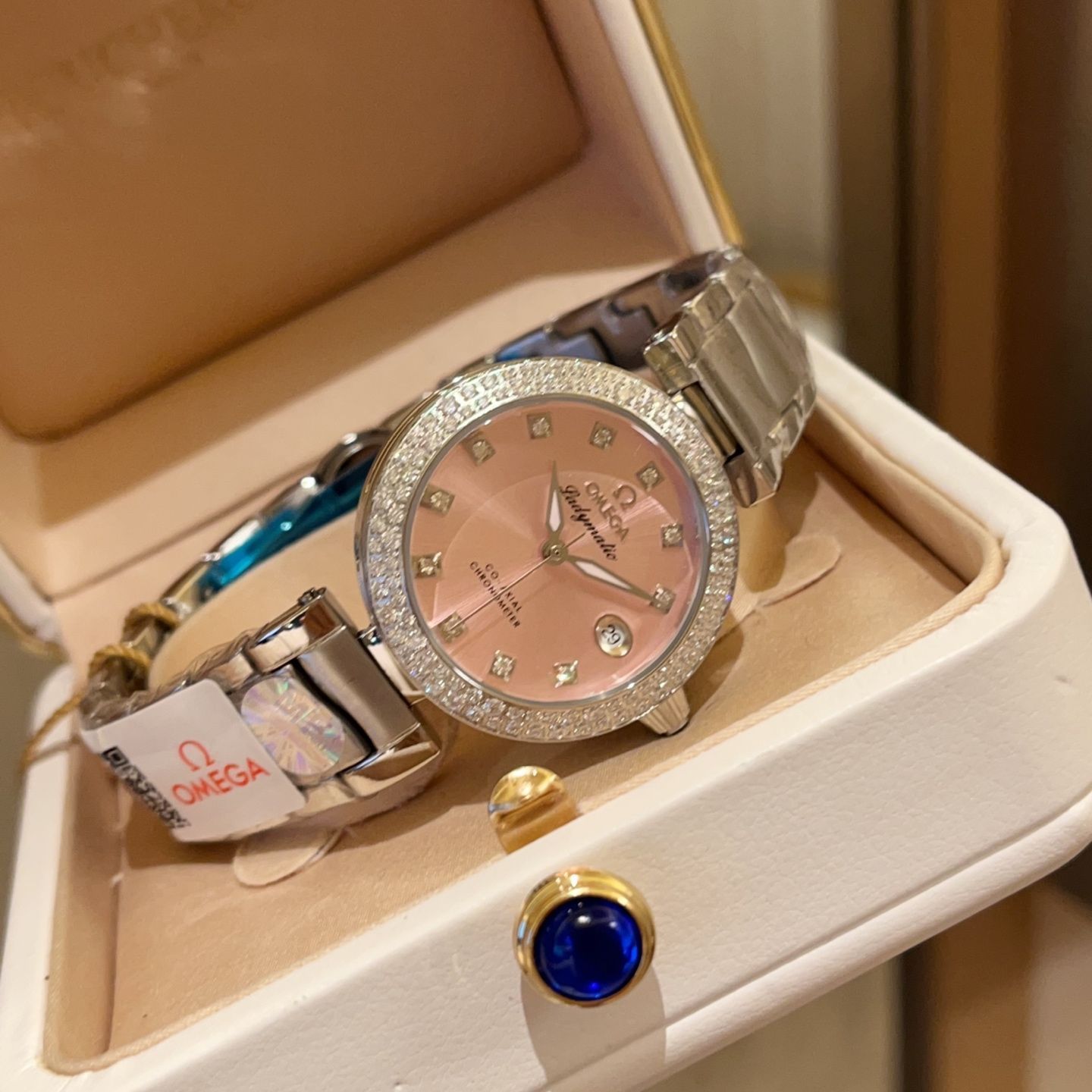 OMEGA Ladymatic マカロンカラー - 34mm ダイヤモンドインデックス/ステンレスフォールディングバックル新品未使用