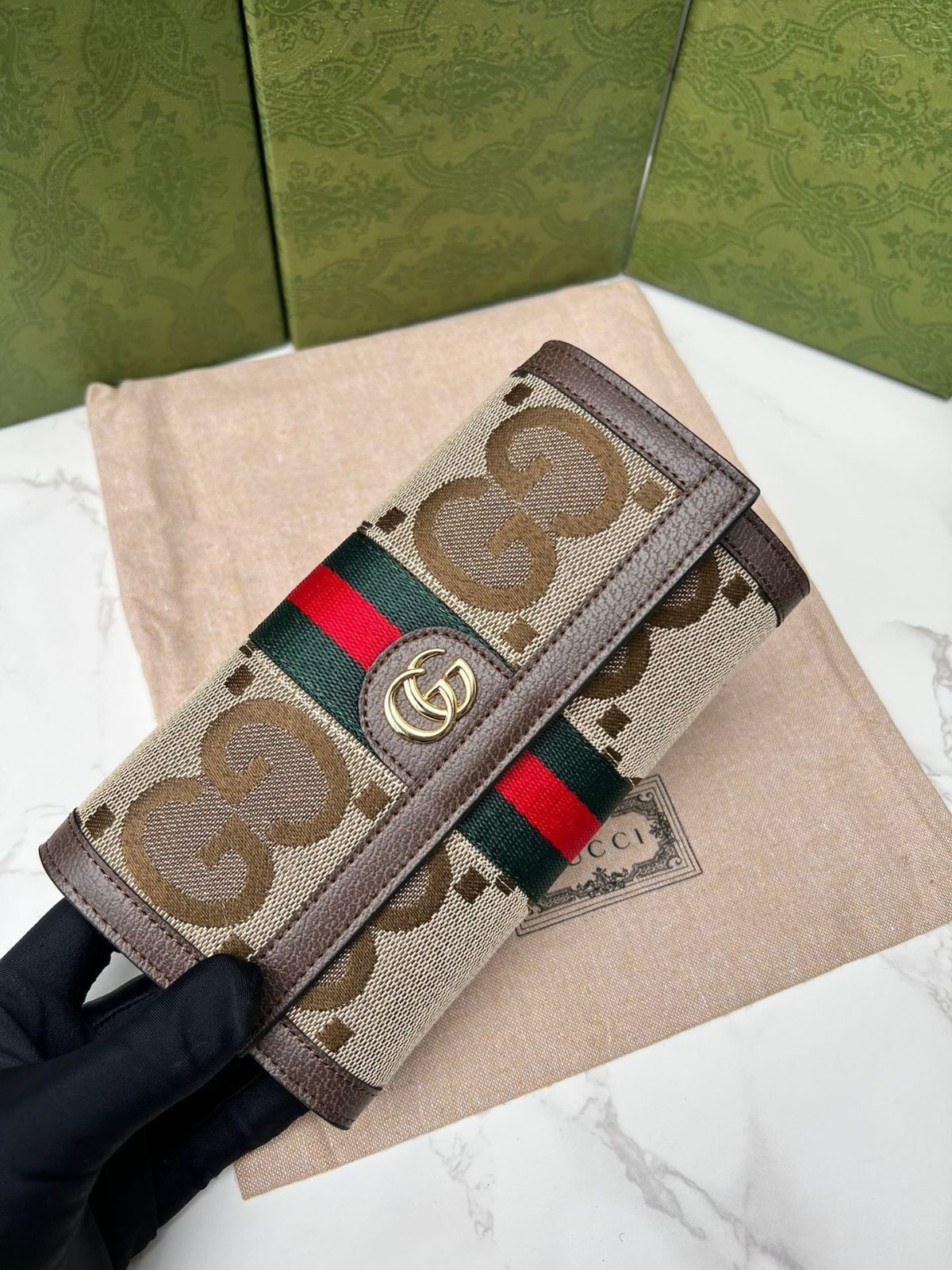 GUCCi Diana竹節新型財布フルジッパー式財布、財布、銀行カードバッグ、キャメル色と烏木色のダブルG模様キャンバス茶色革ロール12枚のカードスペーサー、1枚のジッパーポケット、3枚の紙幣スペーサー竹節[本日特価|新品未使用品]