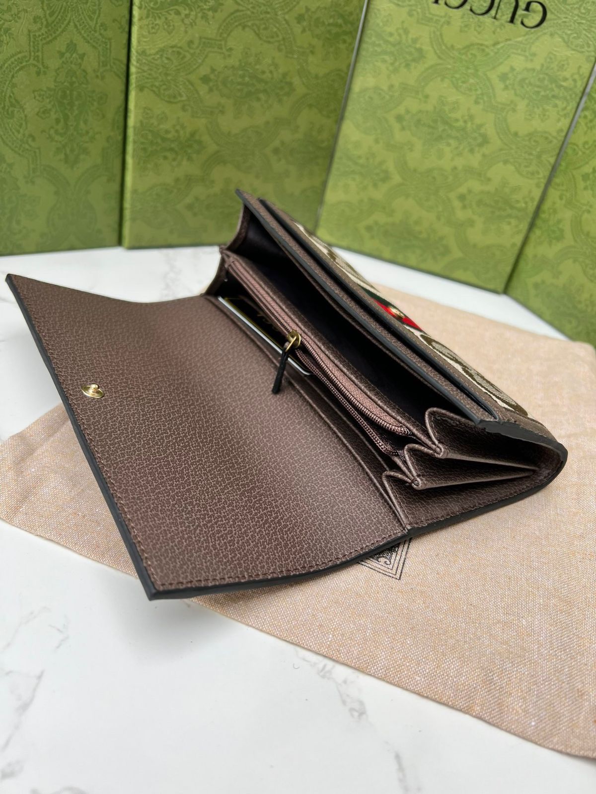 GUCCi Diana竹節新型財布フルジッパー式財布、財布、銀行カードバッグ、キャメル色と烏木色のダブルG模様キャンバス茶色革ロール12枚のカードスペーサー、1枚のジッパーポケット、3枚の紙幣スペーサー竹節[本日特価|新品未使用品]