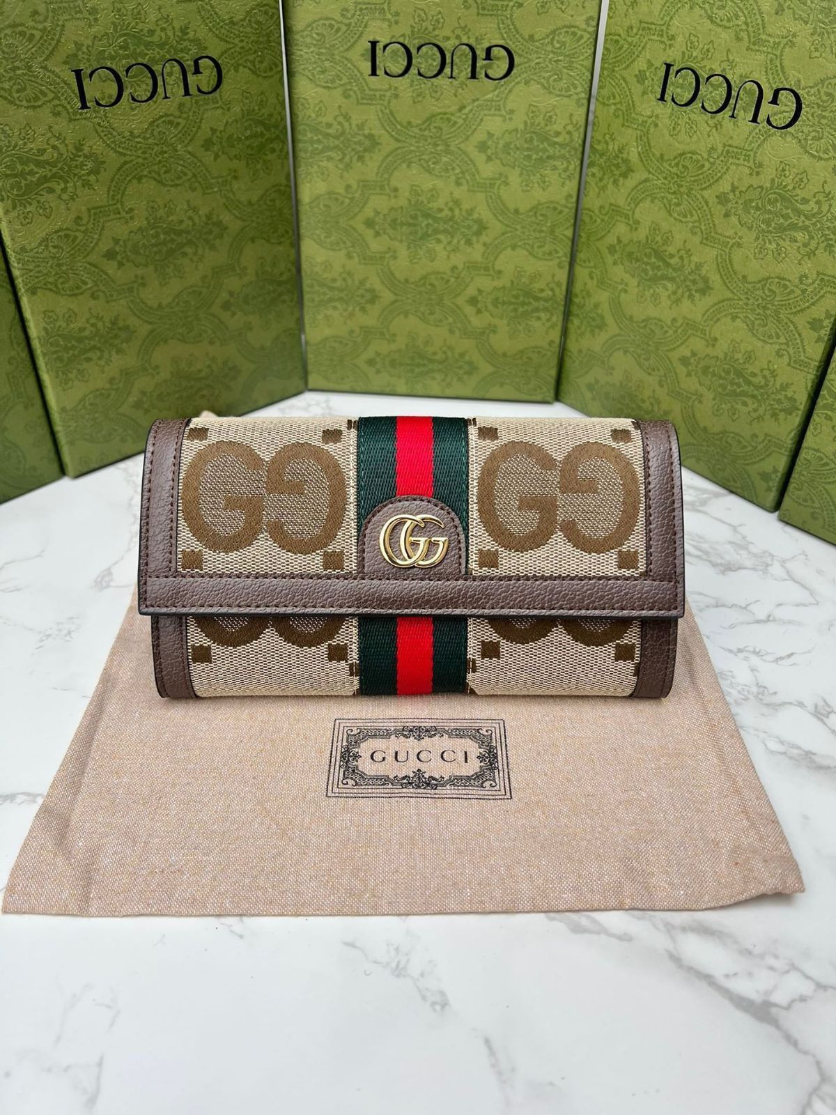 GUCCi Diana竹節新型財布フルジッパー式財布、財布、銀行カードバッグ、キャメル色と烏木色のダブルG模様キャンバス茶色革ロール12枚のカードスペーサー、1枚のジッパーポケット、3枚の紙幣スペーサー竹節[本日特価|新品未使用品]