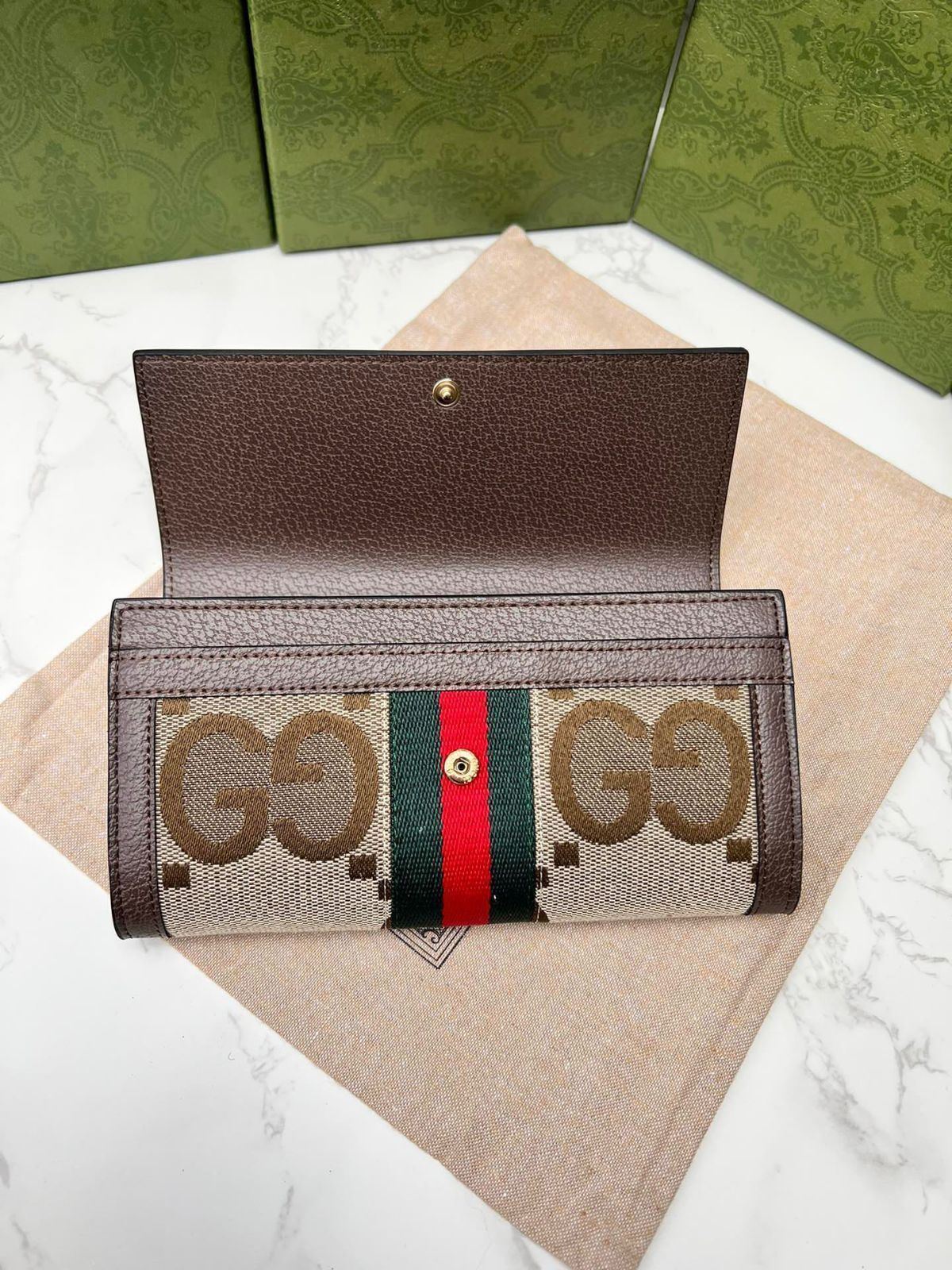 GUCCi Diana竹節新型財布フルジッパー式財布、財布、銀行カードバッグ、キャメル色と烏木色のダブルG模様キャンバス茶色革ロール12枚のカードスペーサー、1枚のジッパーポケット、3枚の紙幣スペーサー竹節[本日特価|新品未使用品]