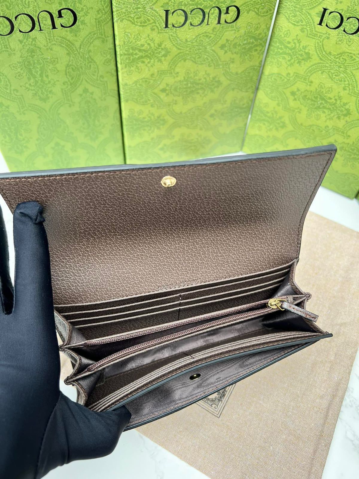 GUCCi Diana竹節新型財布フルジッパー式財布、財布、銀行カードバッグ、キャメル色と烏木色のダブルG模様キャンバス茶色革ロール12枚のカードスペーサー、1枚のジッパーポケット、3枚の紙幣スペーサー竹節[本日特価|新品未使用品]