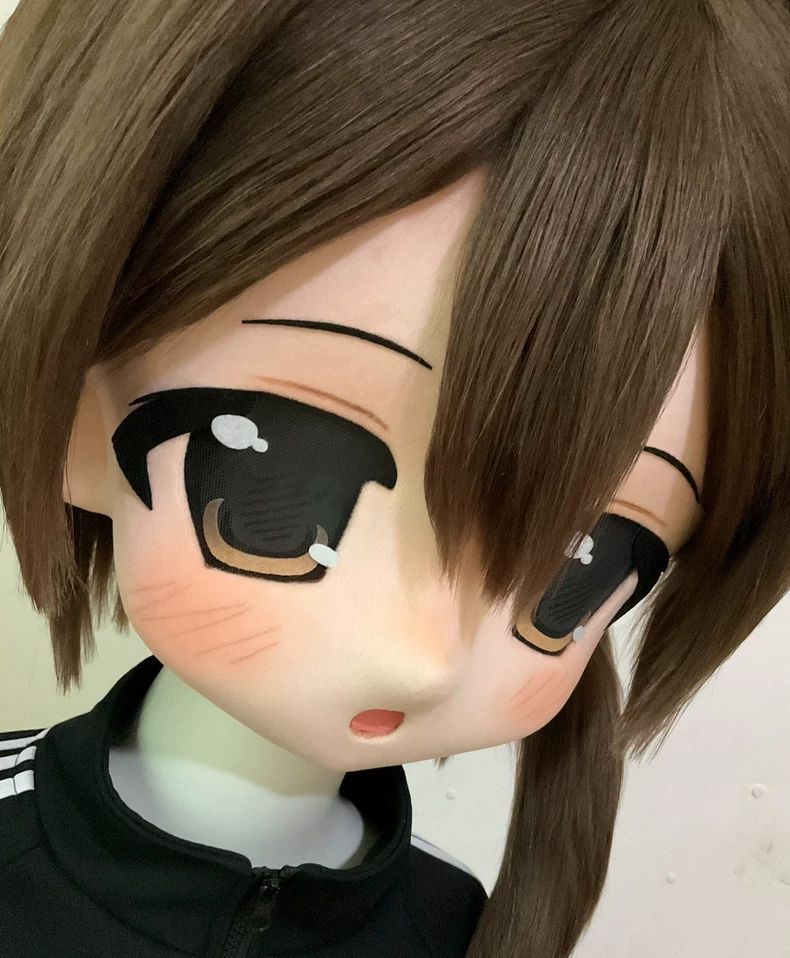 ちびキャラ風 kigurumi 全頭マスク 茶髪ツインテール ドール顔 現品