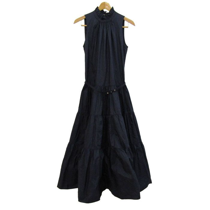 ストラスブルゴ シルク100% ロングワンピース ノースリーブ 日本製 ベルトあり レディース 38サイズ ネイビー STRASBURGO 【中古】
