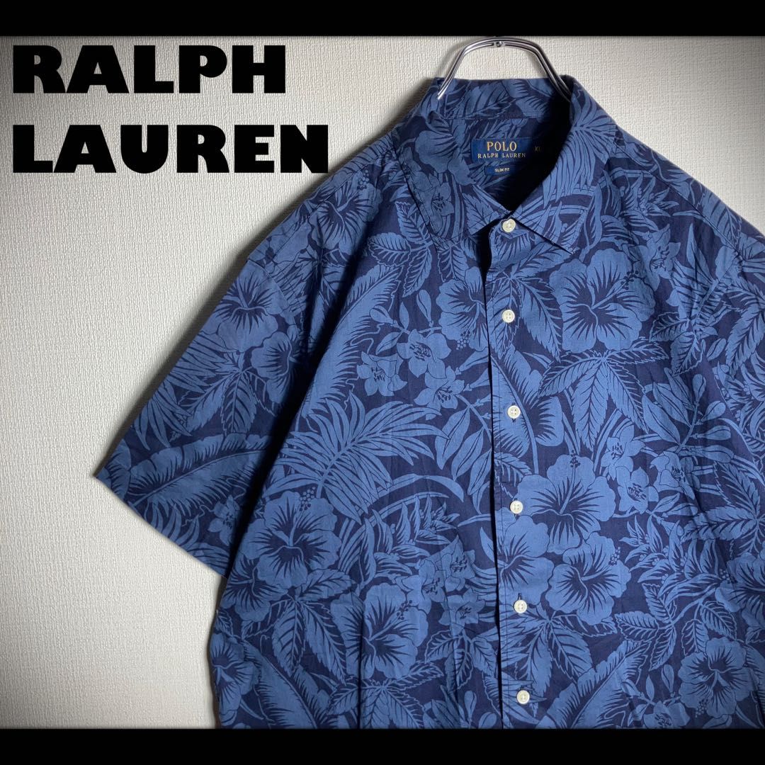 【極美品】RALPH LAUREN アロハシャツ 半袖 ハイビスカス 紺 XL