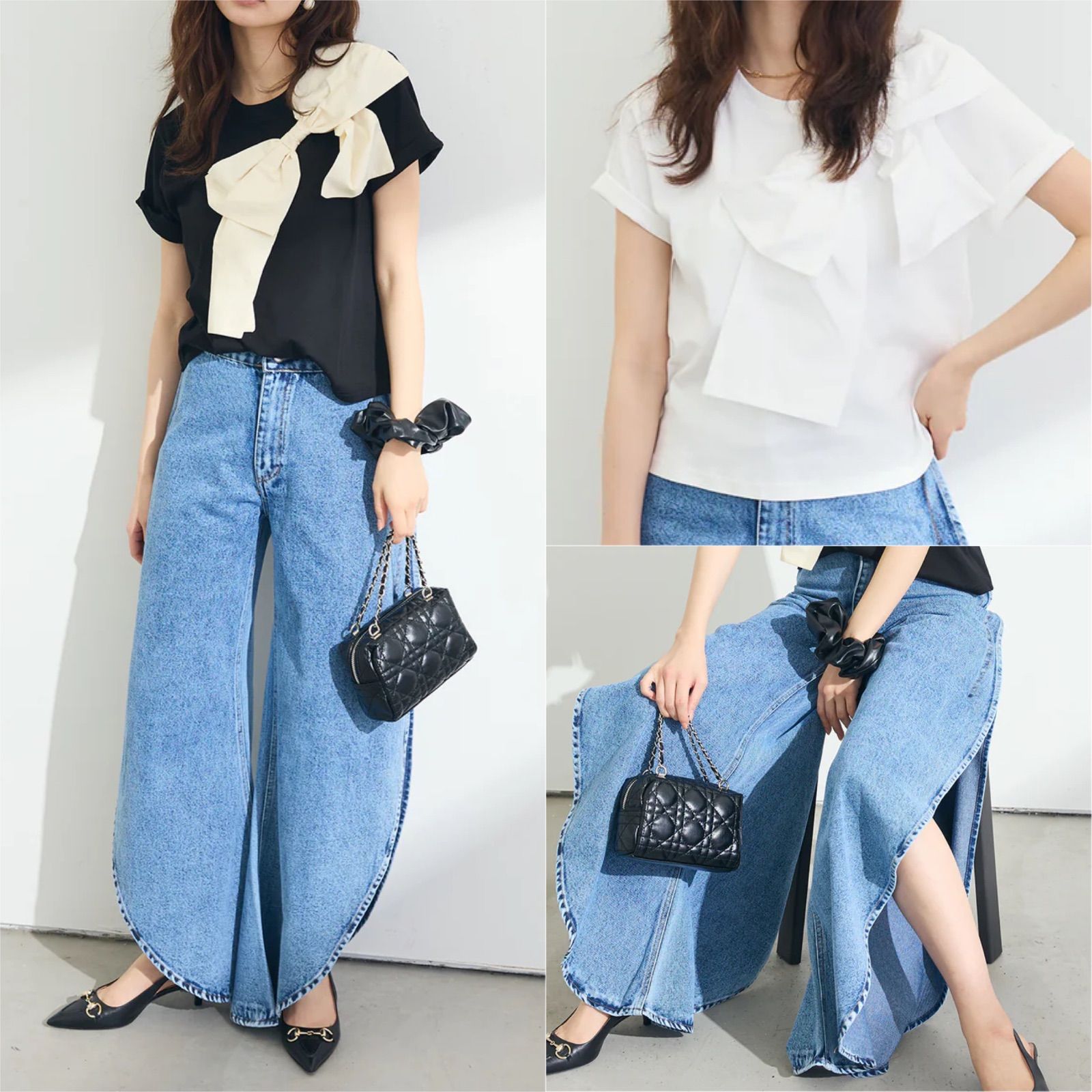 ショルダーリボンポイントTシャツ+カーヴィースリットデニムパンツ(2set) Frene フラーネ同型 レディース デニム ジーンズ スリットデニム フレアデニム