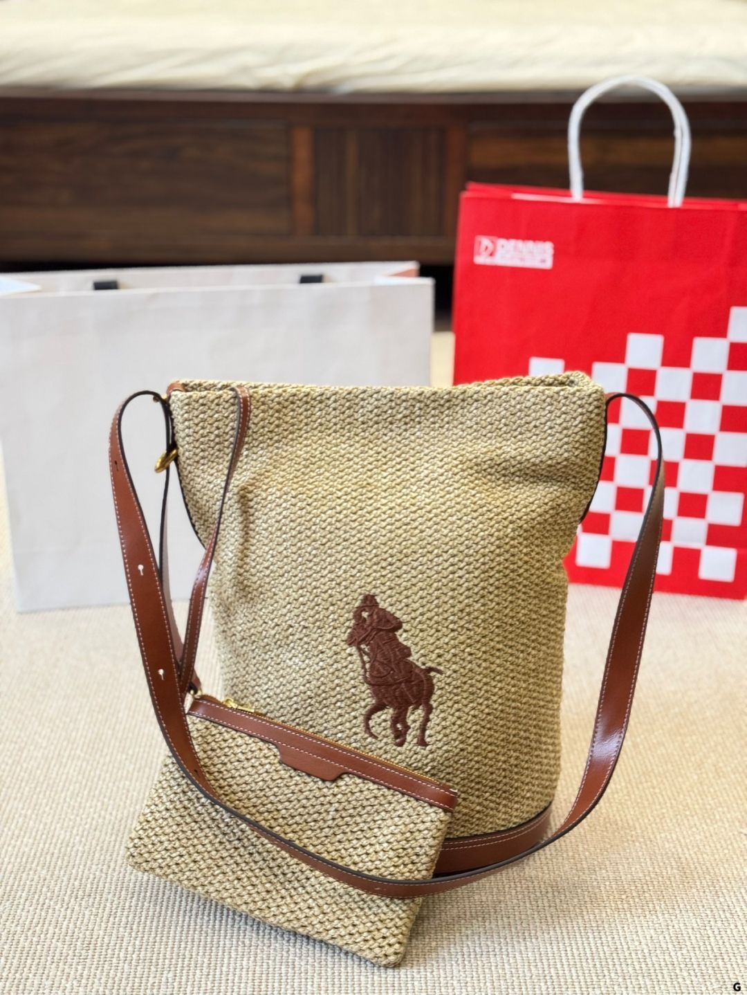 【今日特価】Polo 風ストローバケットバッグ（Polo - style Straw Bucket Bag）-WTO輸入2