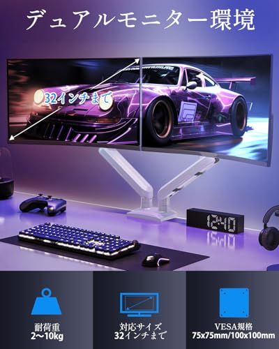 MOUNTUP モニターアーム 白 デュアル 耐荷重2?10kg 液晶ディスプレイアーム 2画面 32インチ対応 ガス圧式 クランプ グロメット式 VESA対応 75x75mm 100×100mm フリーリフト ホワイト MU8012-W-0 aee974ce