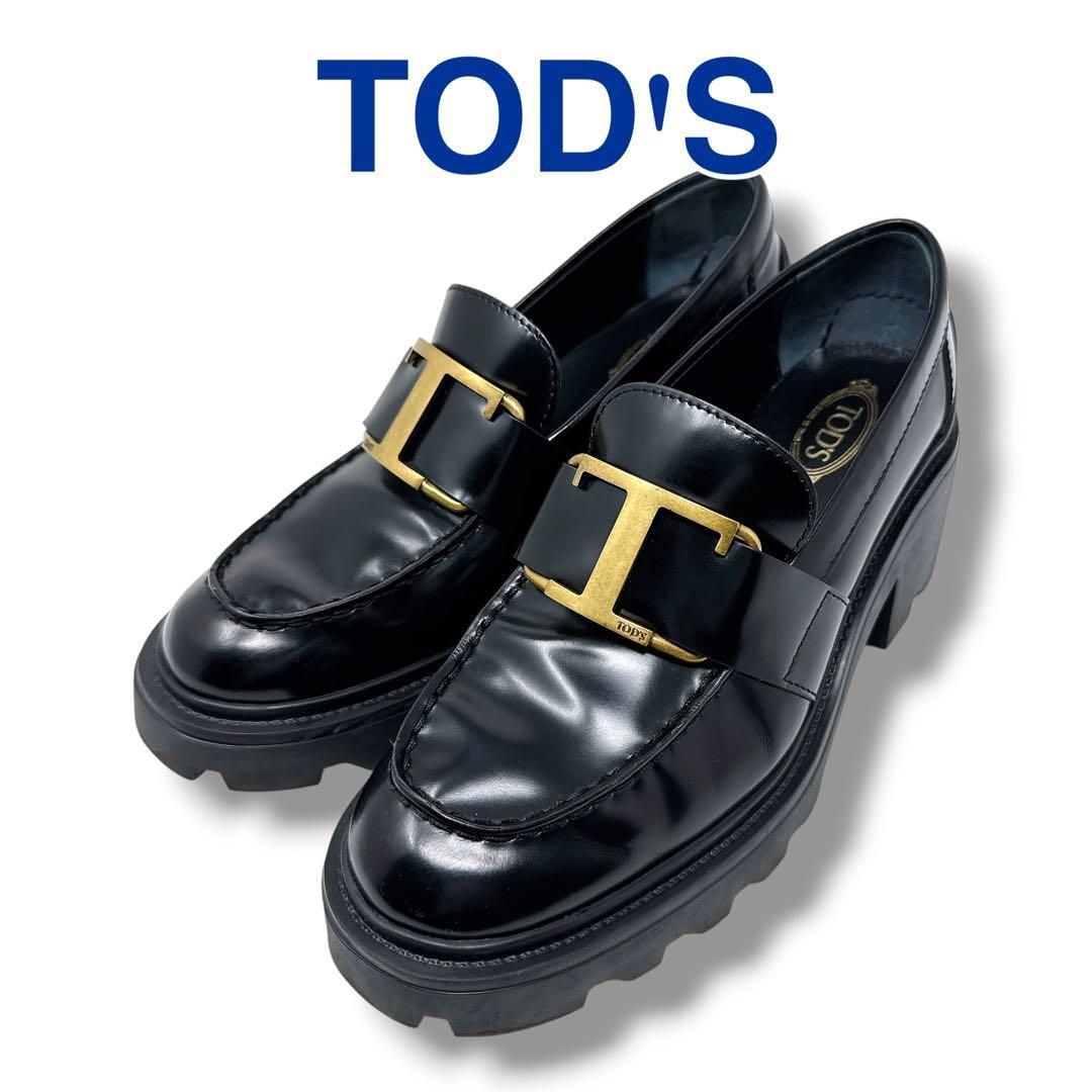 トッズ ローファー 36 1/2 レザー Tタイムレス ブラック 23.5cm Tod's メタルロゴ 厚底 オックスフォード レディース ブランド 美品 ゴールド金具 シューズ 女性用 イタリア製 A/使用感の少ない綺麗な中古品