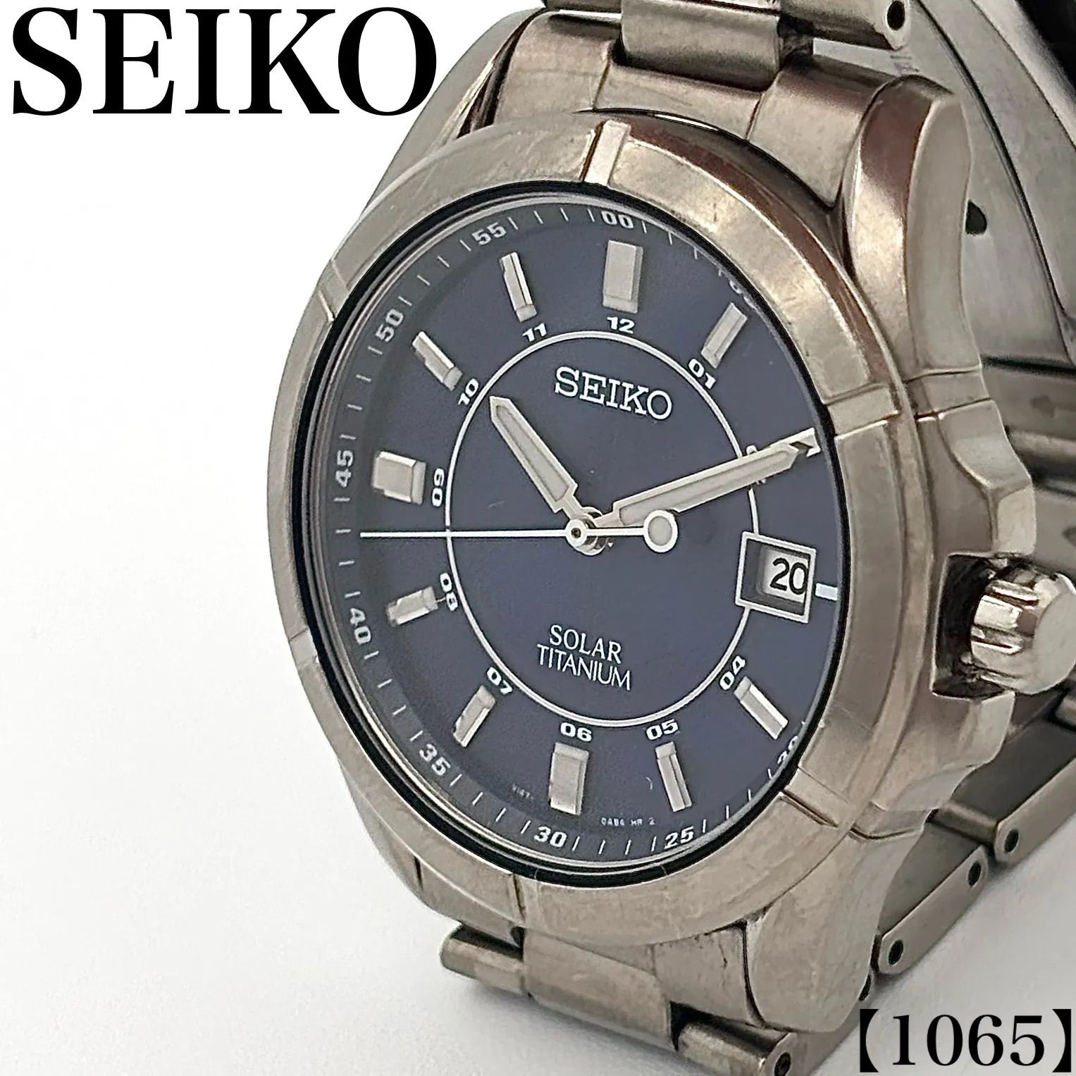 稼働品 Working item セイコー SEIKO 腕時計 メンズ Men's クォーツ Quartz V145-0AX0 ソーラー チタン SOLAR TITANIUM デイト カレンダー ネイビー文字盤 アナログ ラウンド 丸型 1065