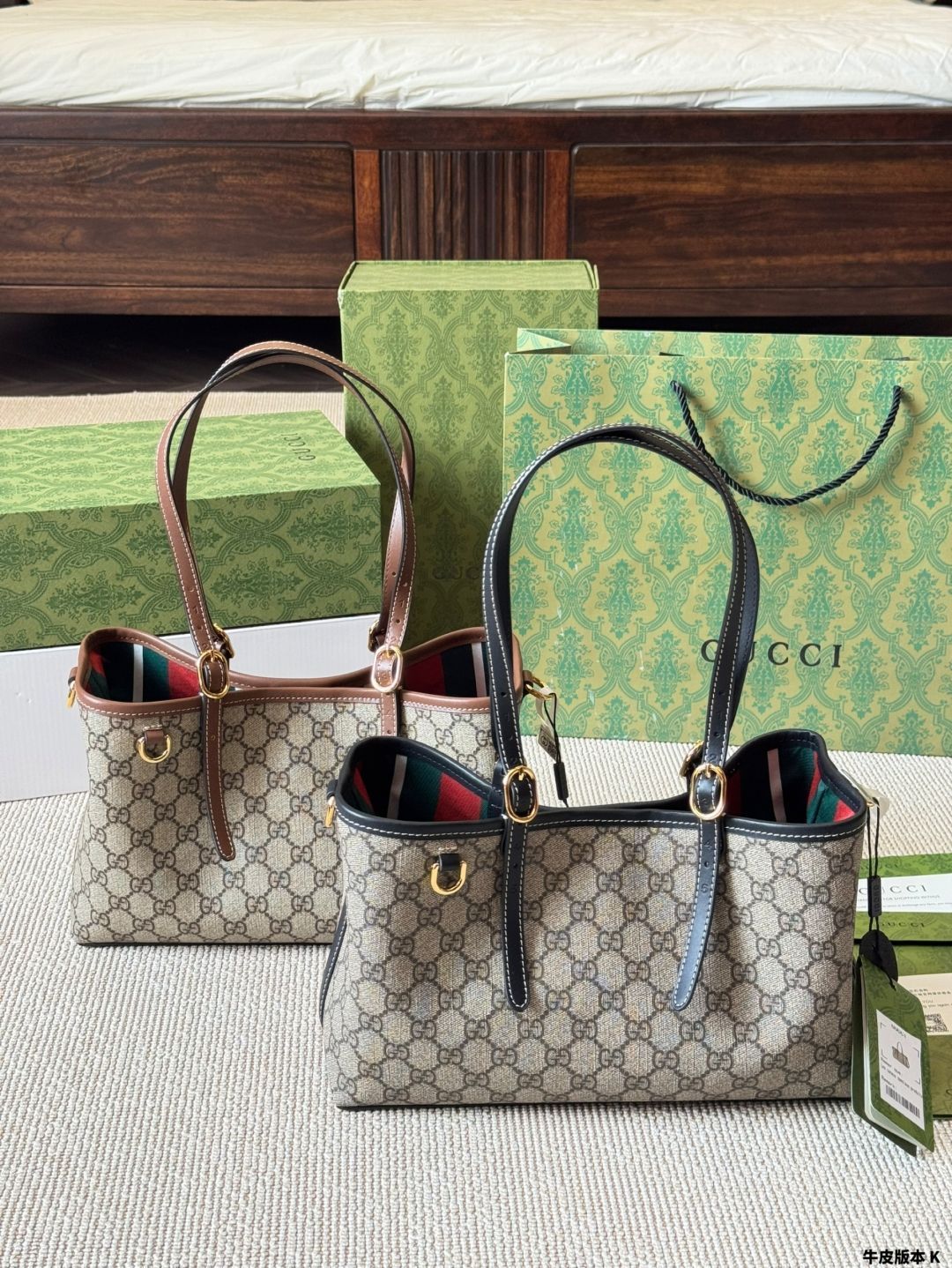 【今日特価】Gucci Emblem ニューアイテム ショッピングバッグ / トートバッグ - GG× ストライプ コンビネーション-WTO輸入1