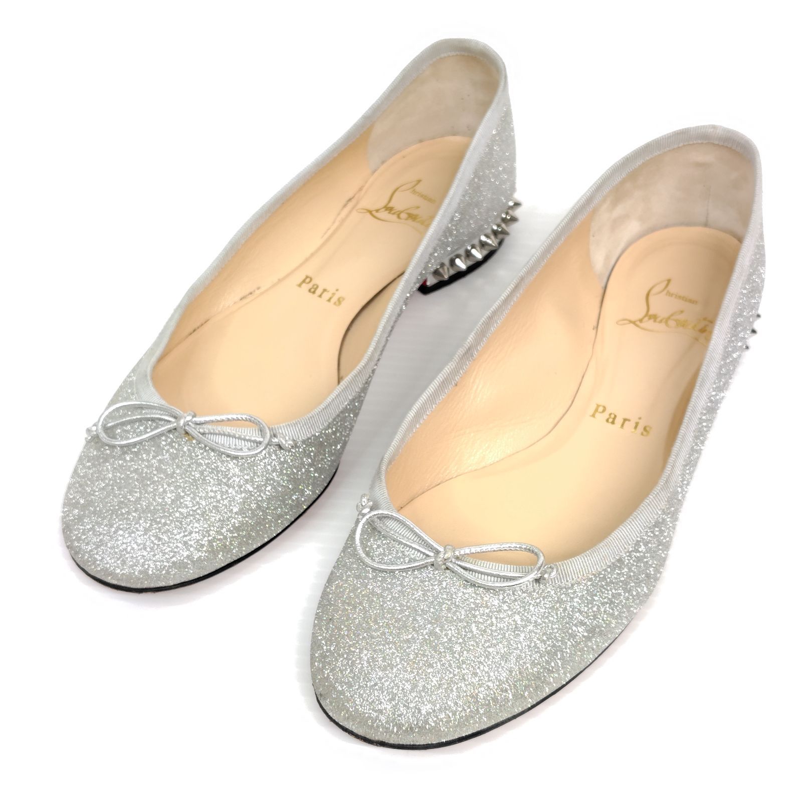 ★使用感少なめ★Christian Louboutin ルブタン フラット パンプス 35 スパイク リボン グリッター