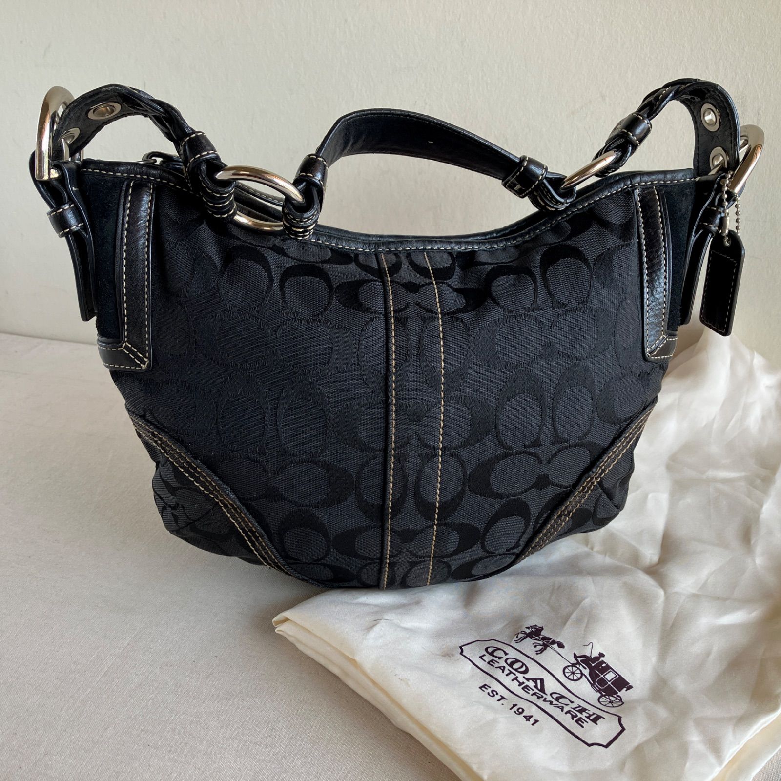 Coach Vintage Signature Black Canvas Leather Hobo Shoulder Bag y2k