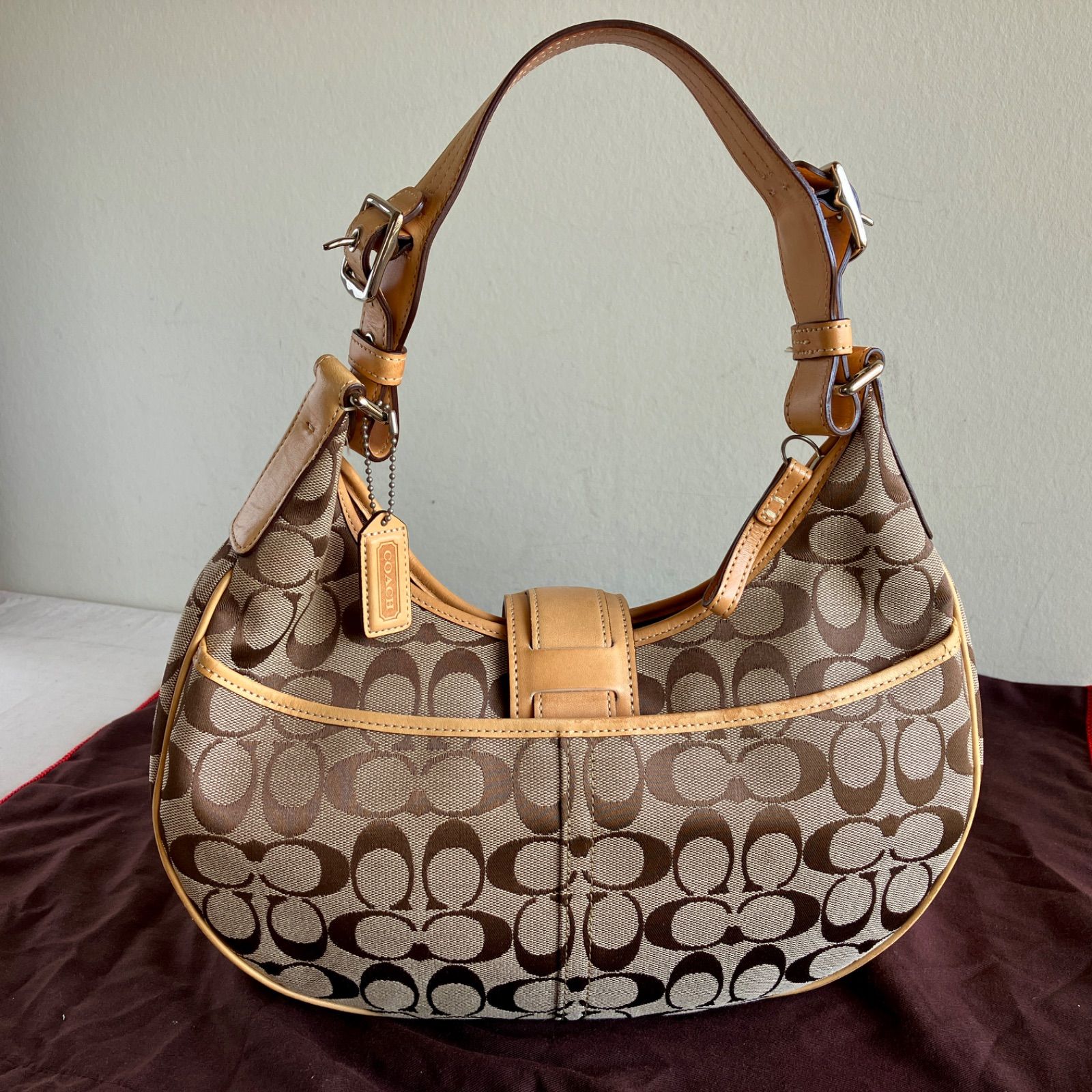 Vintage Coach Soho Signature Khaki Canvas Buckle Hobo Shoulder Bag 