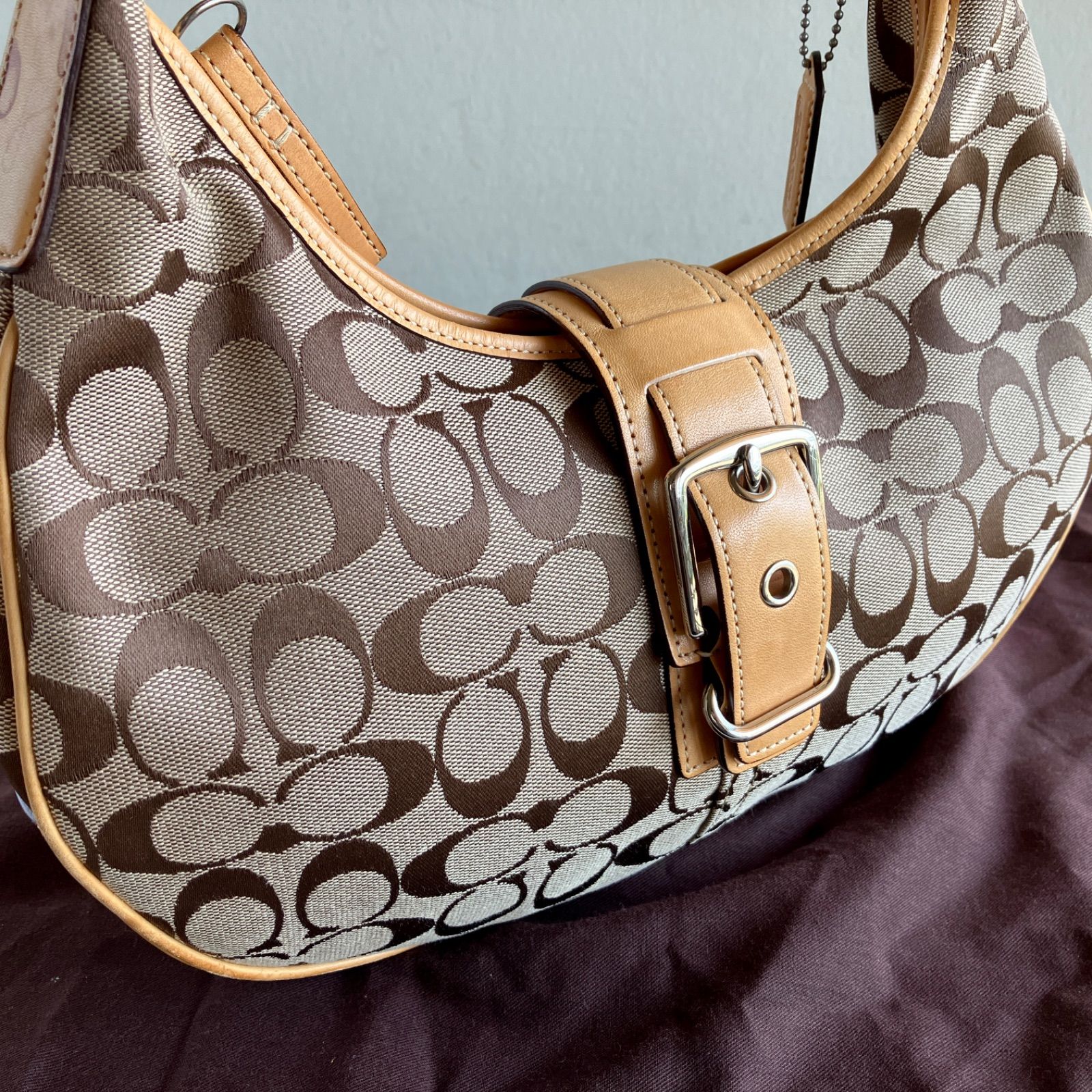 Vintage Coach Soho Signature Khaki Canvas Buckle Hobo Shoulder Bag Y2K