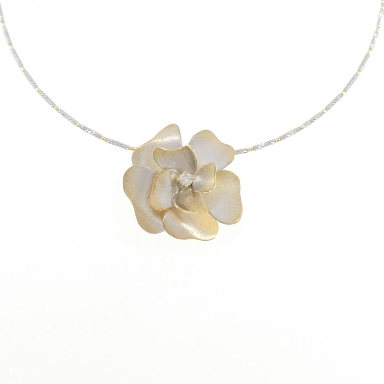 K18YG/K18WG フラワー ダイヤモンド ネックレス 0.12CT