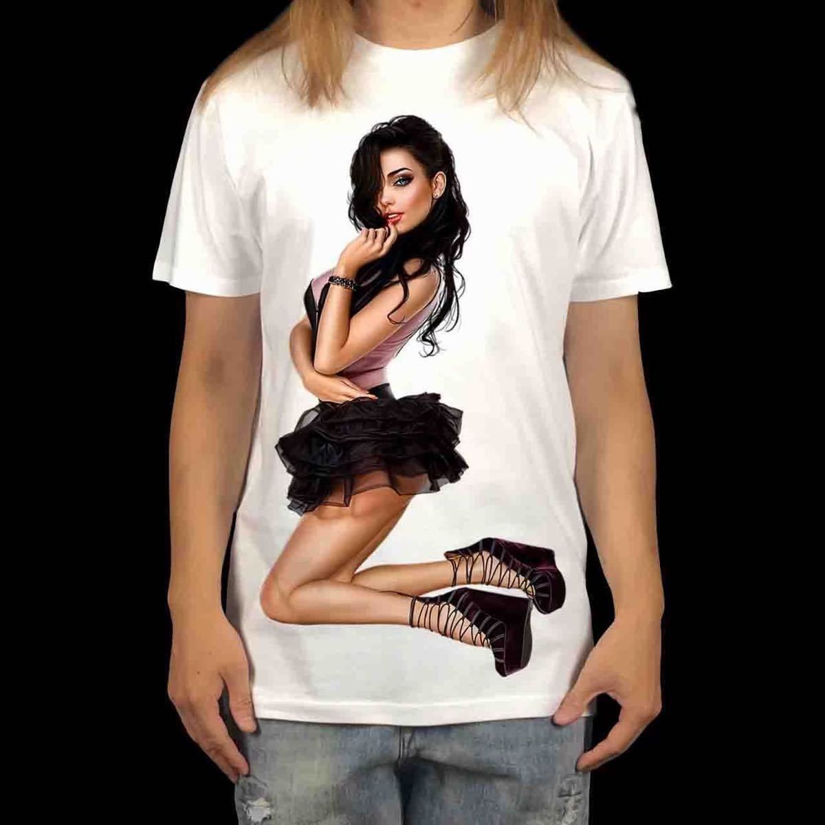 オリジナル Tシャツ ビッグ プリント セクシー ポーズ バーレスク ダンサー レース ミニスカ Tシャツ S M L XL タイト ジャスト 大きい ビッグ オーバーサイズ メンズ レディース ユニセックス ピンククリーム