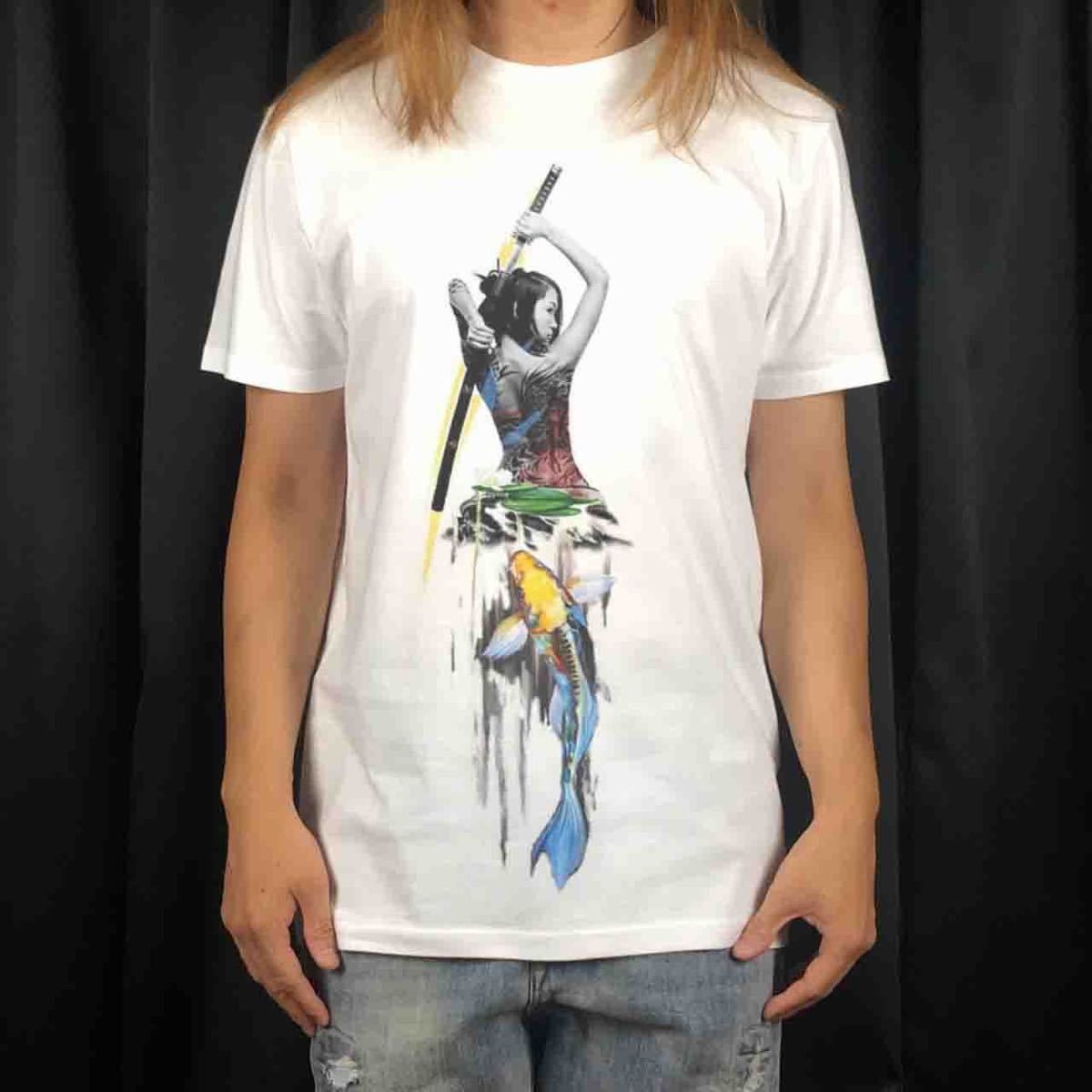 オリジナル Tシャツ ビッグ プリント タトゥー アジアン ビューティー 和彫 刺青 日本刀 昇り鯉 Tシャツ S M L XL タイト ジャスト 大きい ビッグ オーバーサイズ メンズ レディース ユニセックス ピンククリーム