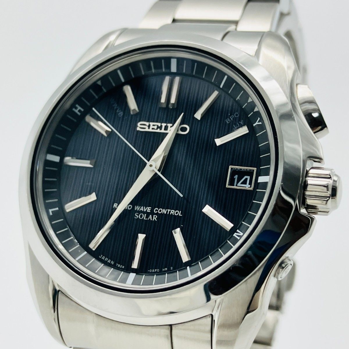 【稼働】セイコー SEIKO 7B24-0AE0 腕時計 電波ソーラー メンズ デイト ステンレス 濃紺 ネイビー文字盤 ブラック