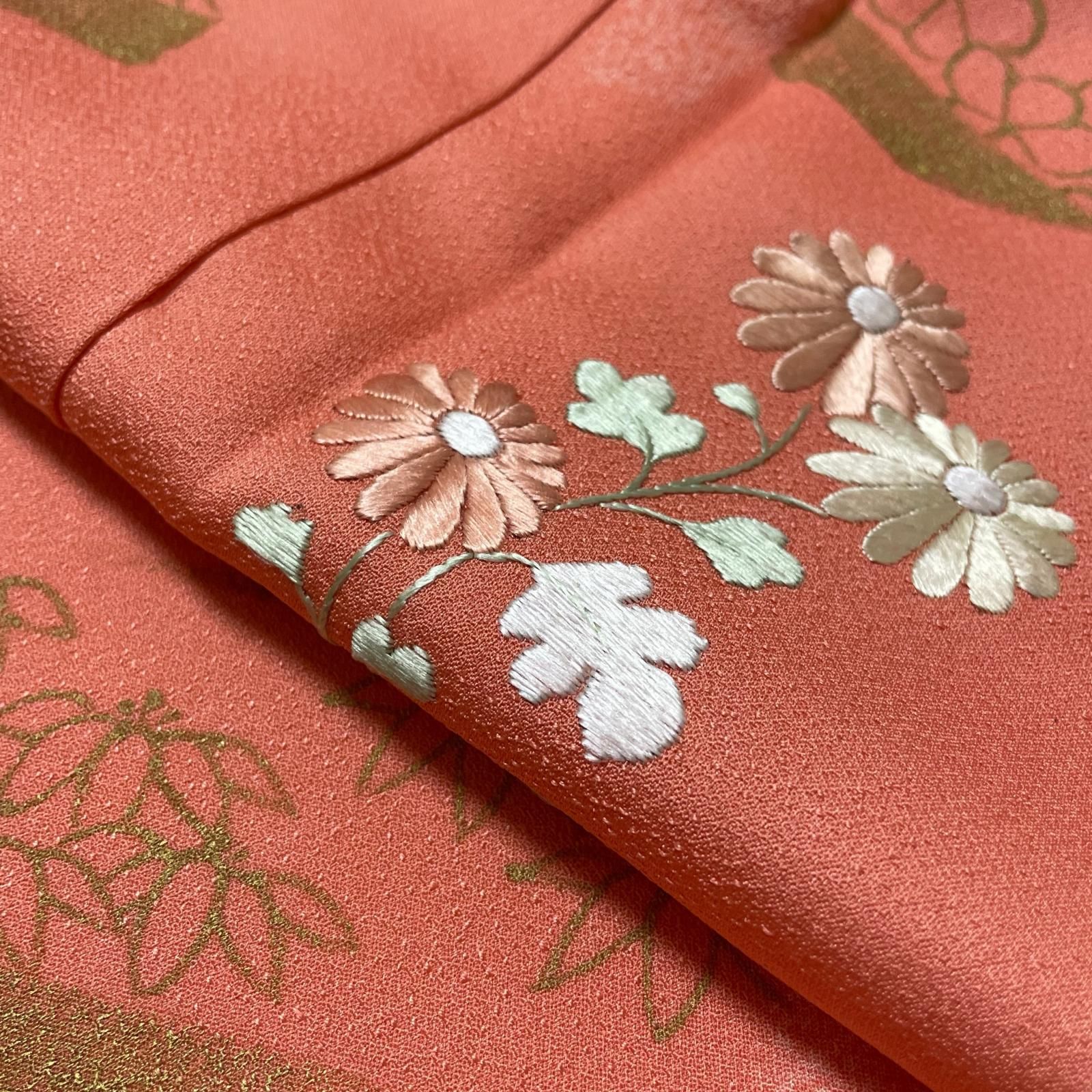 付下げ 刺繍の花模様 上品な染め 着物 正絹 X-3730