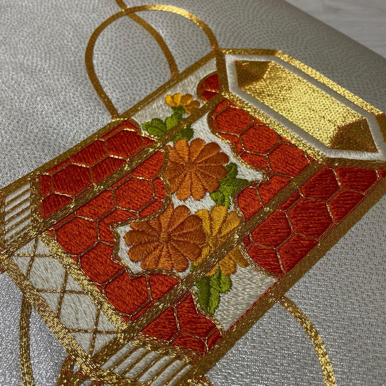 名古屋帯 刺繍 貝桶 金駒刺繍 九寸 正絹 着物 X-3748