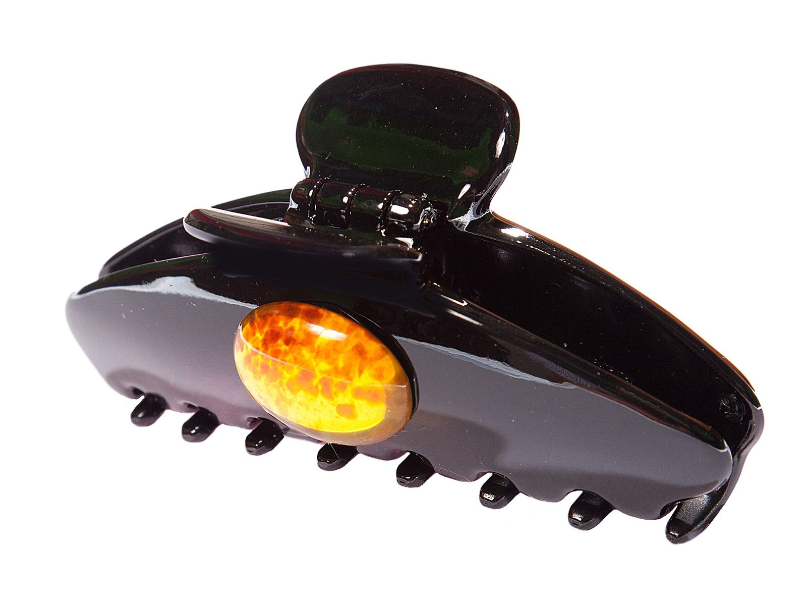 新品 Caravan 2 Sided Black Hair Claw Made in France Decioarted with Lg Oval Amber Color Bead