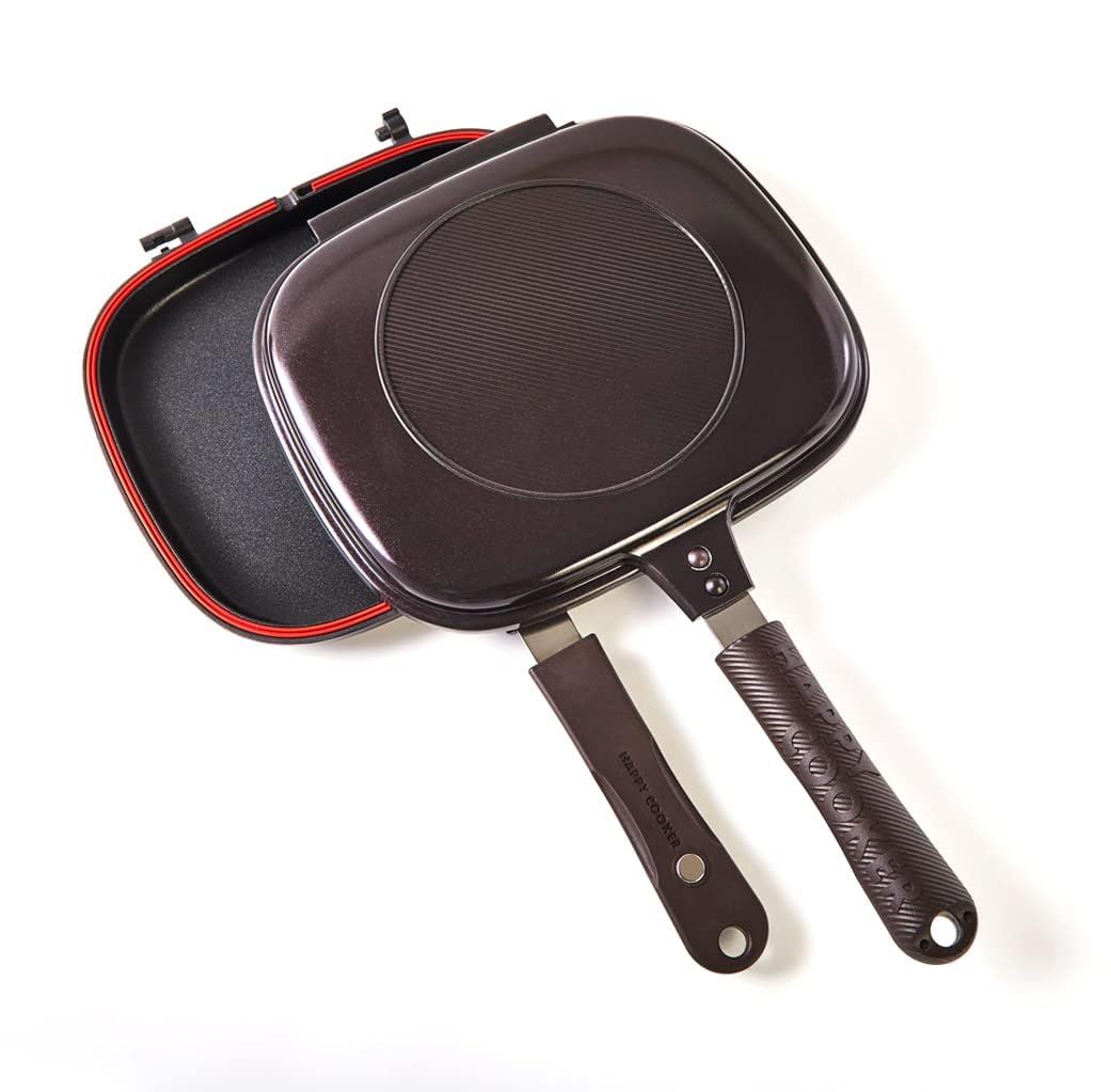 【新品】【HAPPYCOOKER公式】【直火・ガス火対応】両面フライパン ブラウン 本体×1、シリコンパッキン×2(交換用)、使用説明書兼レシピ×1 ハッピークッカーグルメパン 両面焼きフライパン 魚焼きグリル レギュラー ハンバーグ ステーキ ホットケーキ
