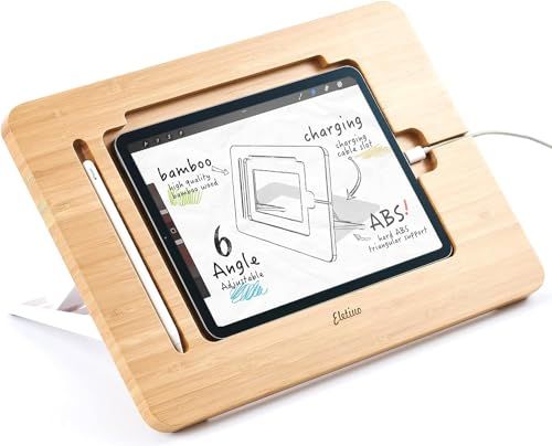 ELEKOOCON竹製木製ipad 絵描きスタンド、鉛筆と充電ケーブルスロット付き、多角度調整可能タブレットデスクトップ折り畳み式携帯用ipad 置き台、iPad Pro12.9インチ 第3/4/5世代に対応送料無料 64a878b5