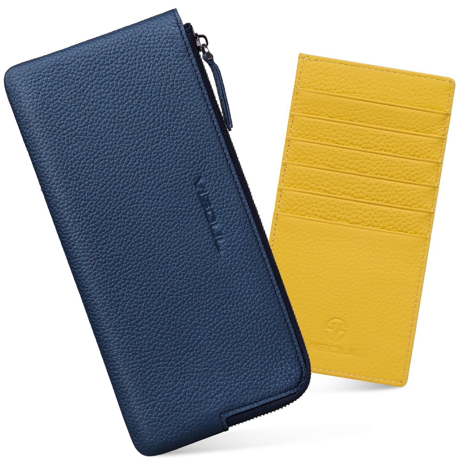 新品 [VISOUL] 長財布 財布 レディース 本革 スリム型 15枚カード入れ コンパクト 財布 コンパクト シンプル (ネイビー・レモン)