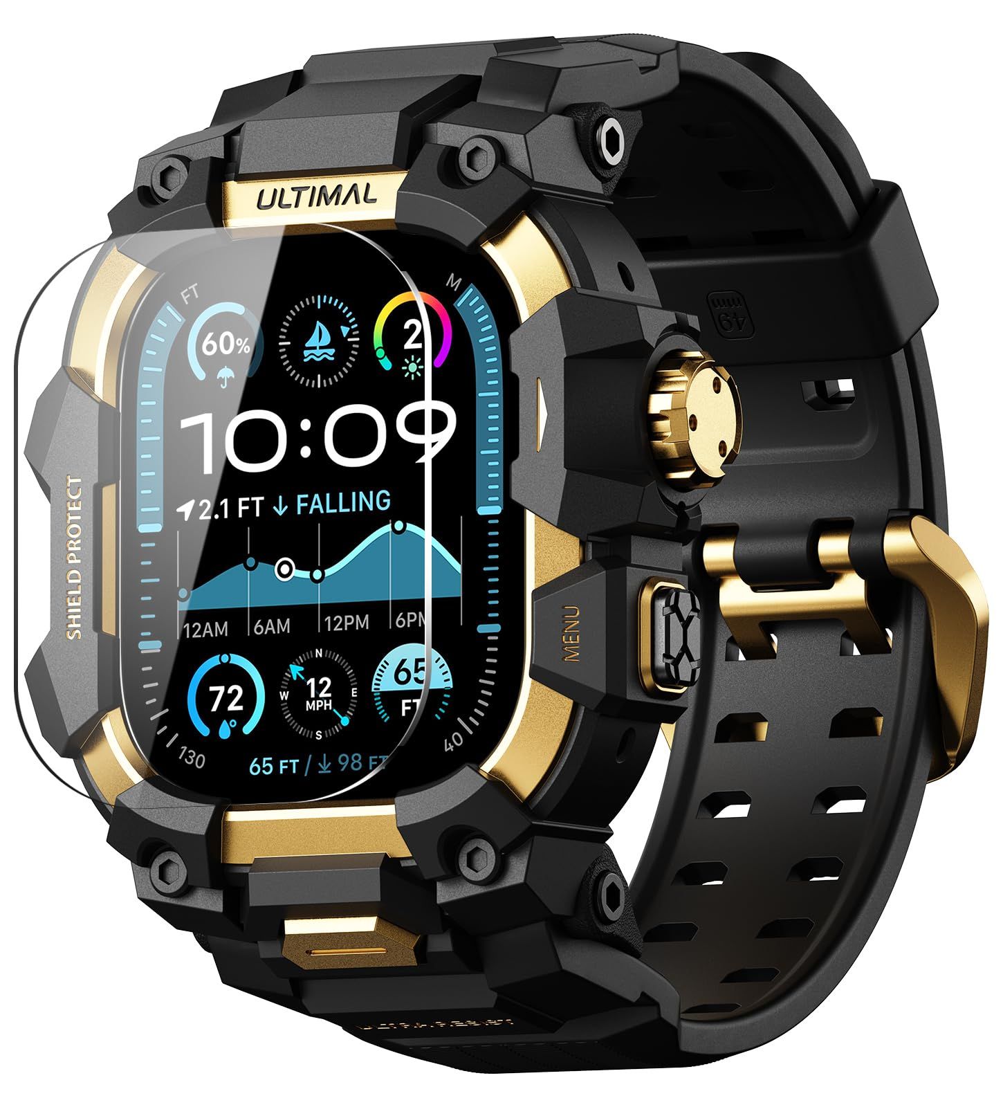 新品 ULTIMAL に対応 Apple Watch Ultra 3/Ultra 2/Ultra（49mm）用 バンド一体型保護ケース 強化ガラスフィルム付き TPU 耐衝撃 高耐久 簡単装着 通気性 アウトドア/スポーツ向け ゴールド・ブラック