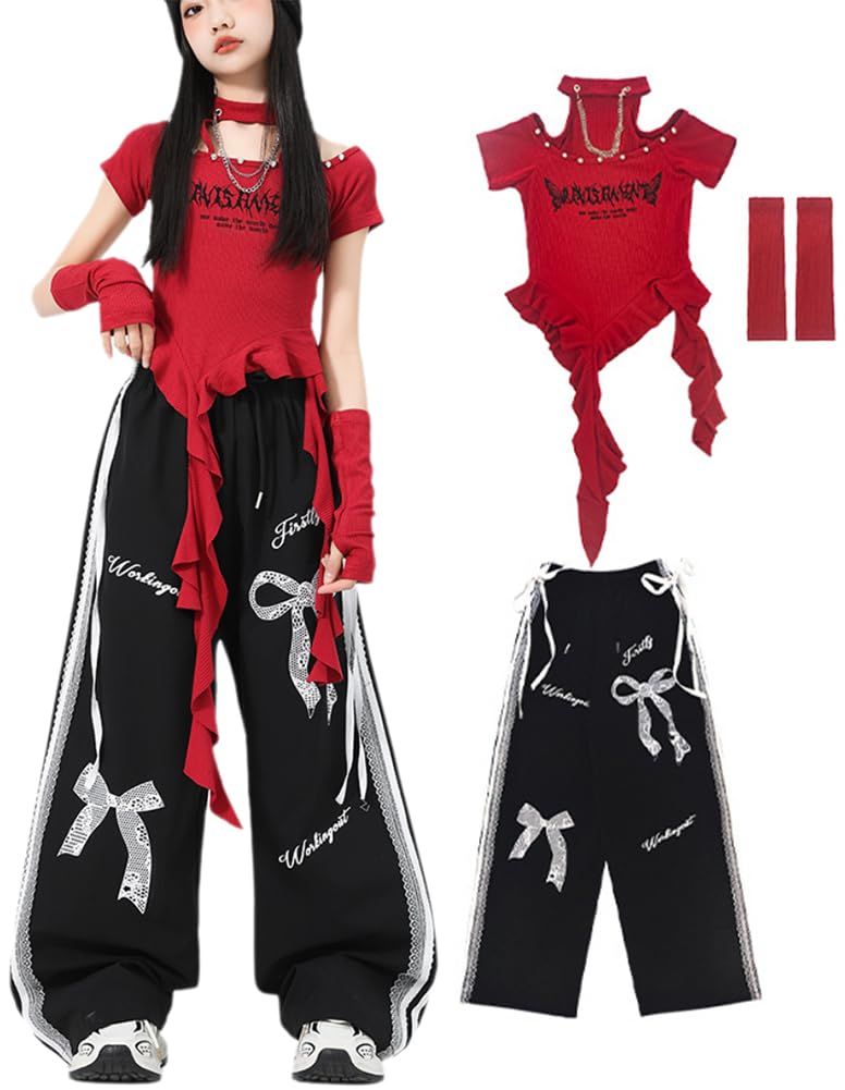 新品 [FLASHOON] ダンス衣装 キッズ 黒 赤 3点 ヒップホップ 衣装 へそだし ダンス トップス hip hop kids ダンスウェア 女の子 ジャズ ダンスパンツ レディース 120-180CM 普段着 演出服 練習 演出 応援 CRNB118