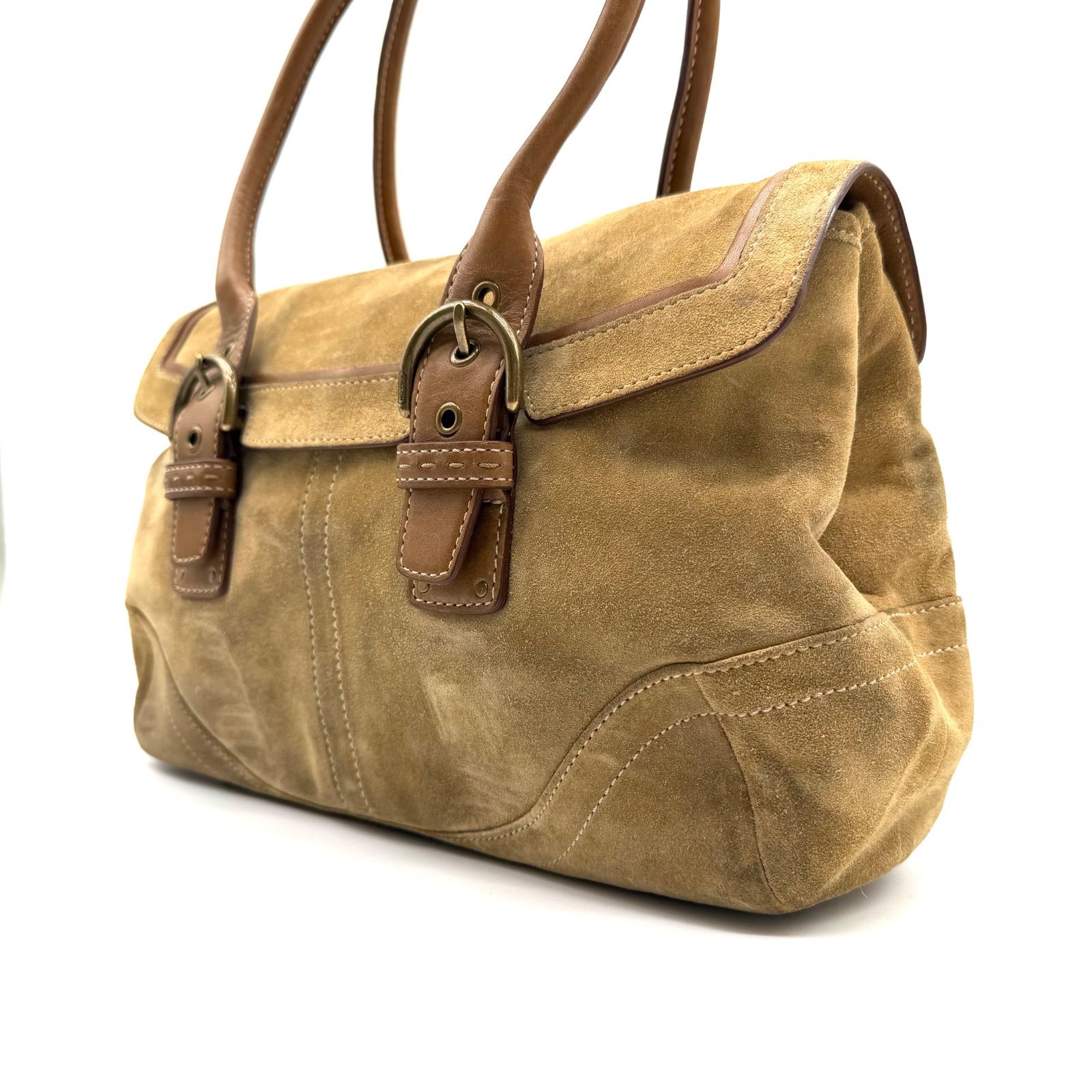 【希少品】COACH y2k suède beige brown handbag leather double buckle コーチ ハンドバッグ