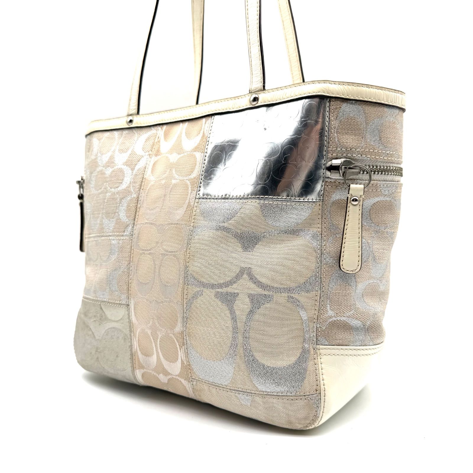 COACH y2ksignature tote bag handbag patchwork white silver コーチ ハンドバッグ パッチワーク
